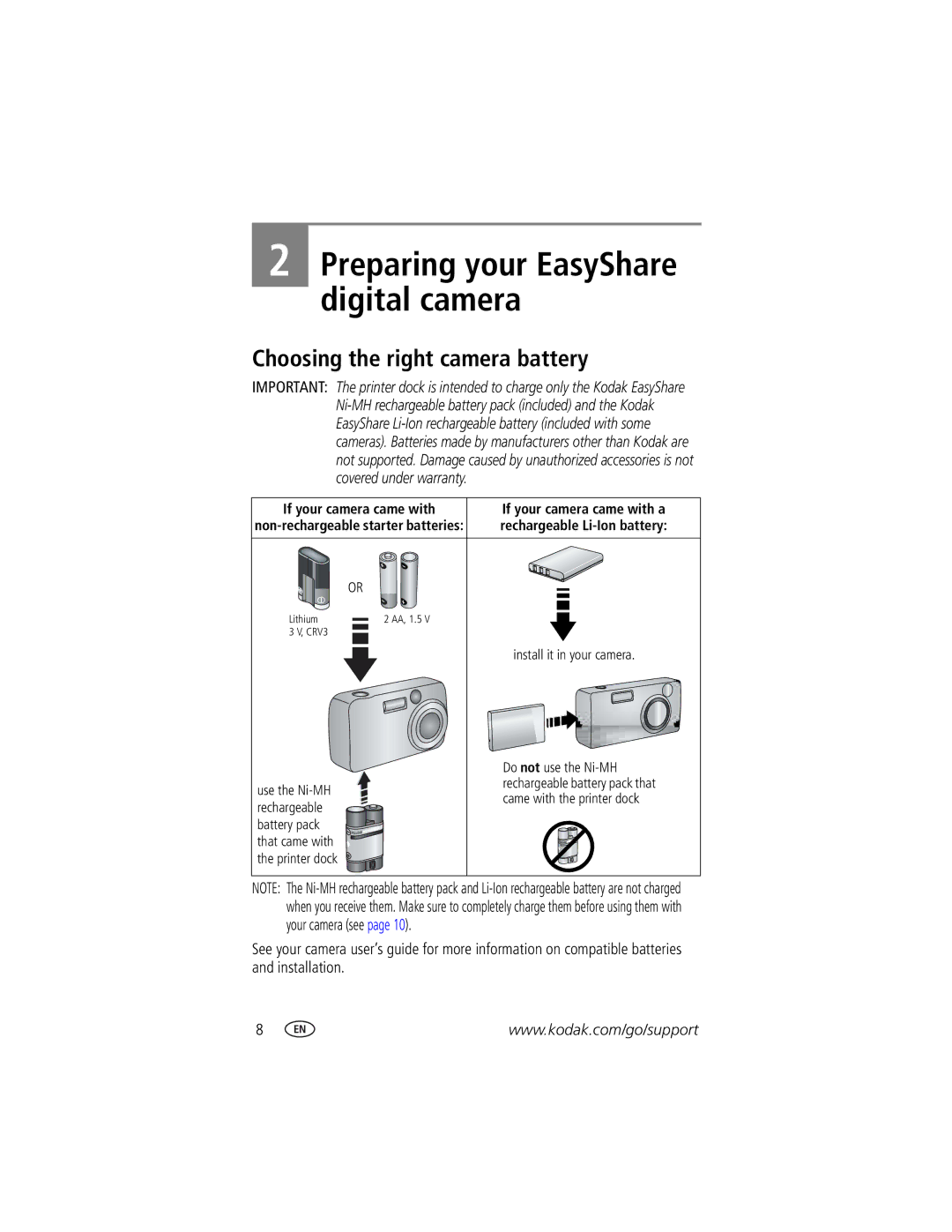 Kodak printer dock manual Choosing the right camera battery, Install it in your camera 