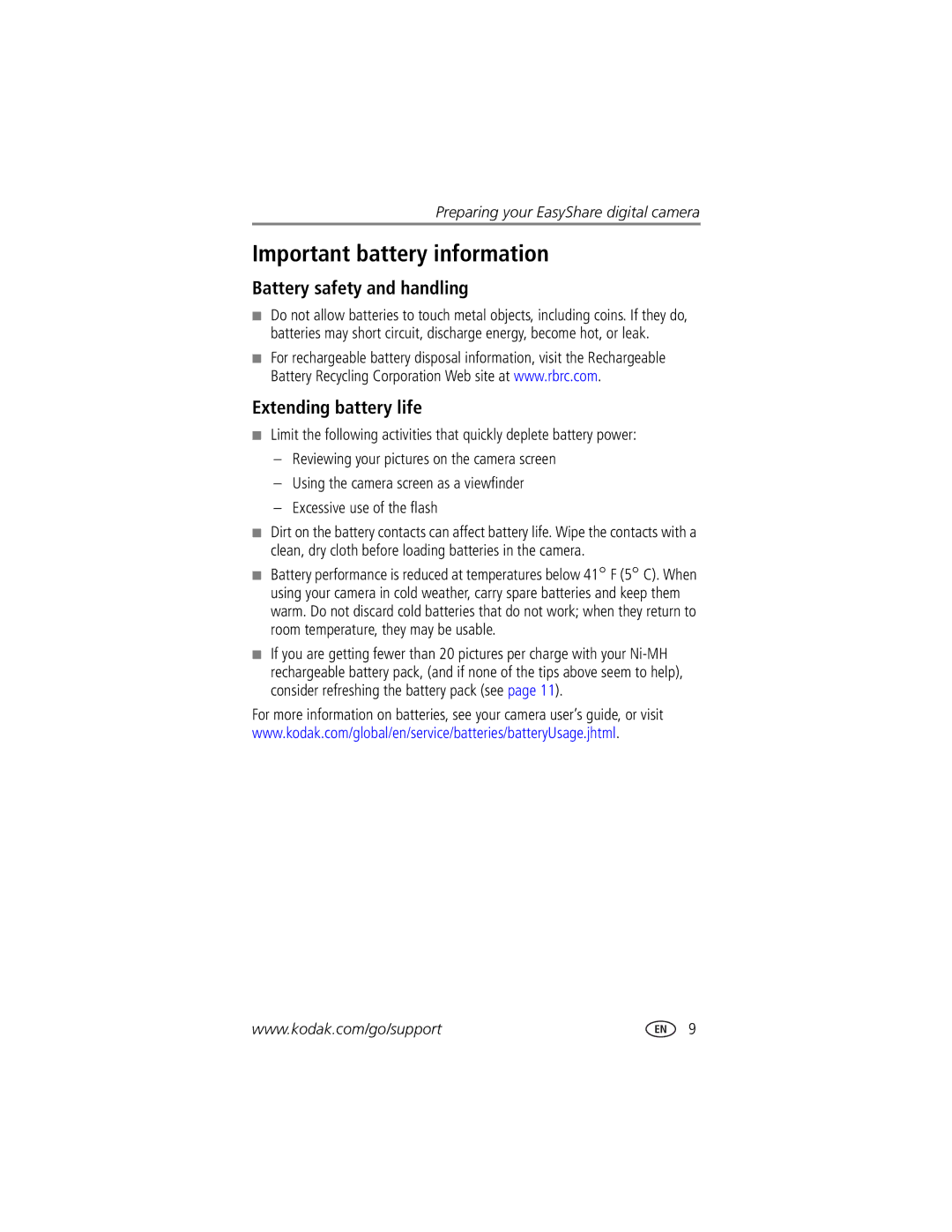 Kodak printer dock manual Important battery information, Battery safety and handling, Extending battery life 