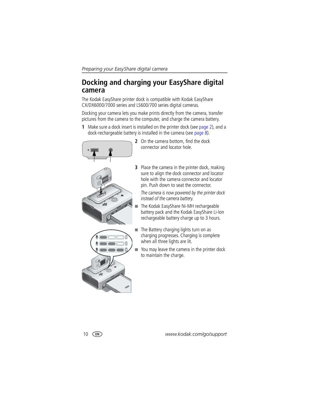 Kodak printer dock manual Docking and charging your EasyShare digital camera, Battery charging lights turn on as 