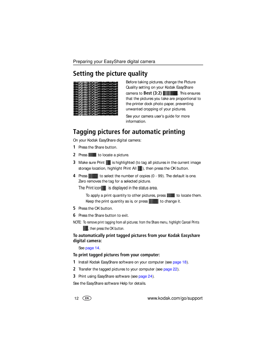 Kodak printer dock manual Setting the picture quality, Tagging pictures for automatic printing 