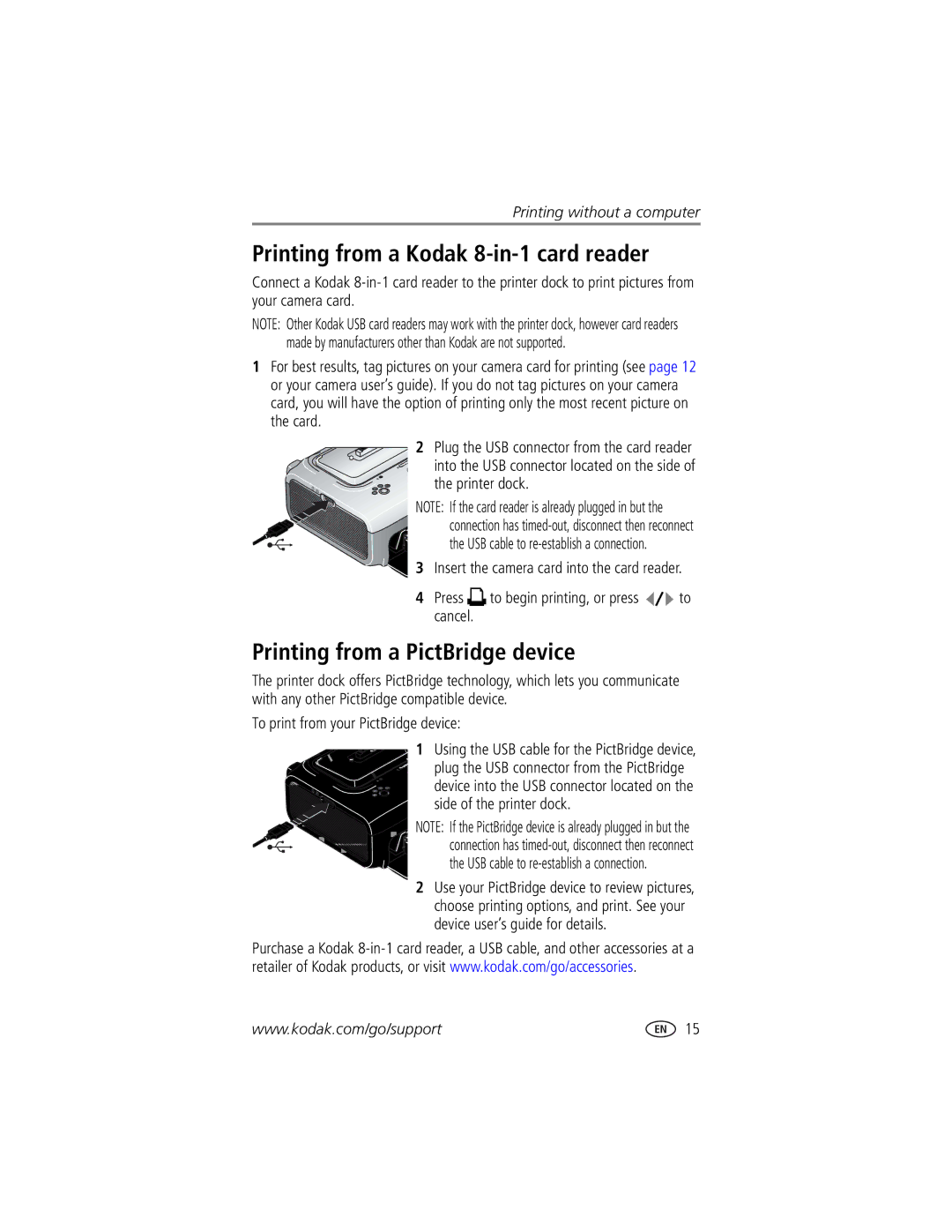 Kodak manual Printing from a Kodak 8-in-1 card reader, Printing from a PictBridge device, Side of the printer dock 