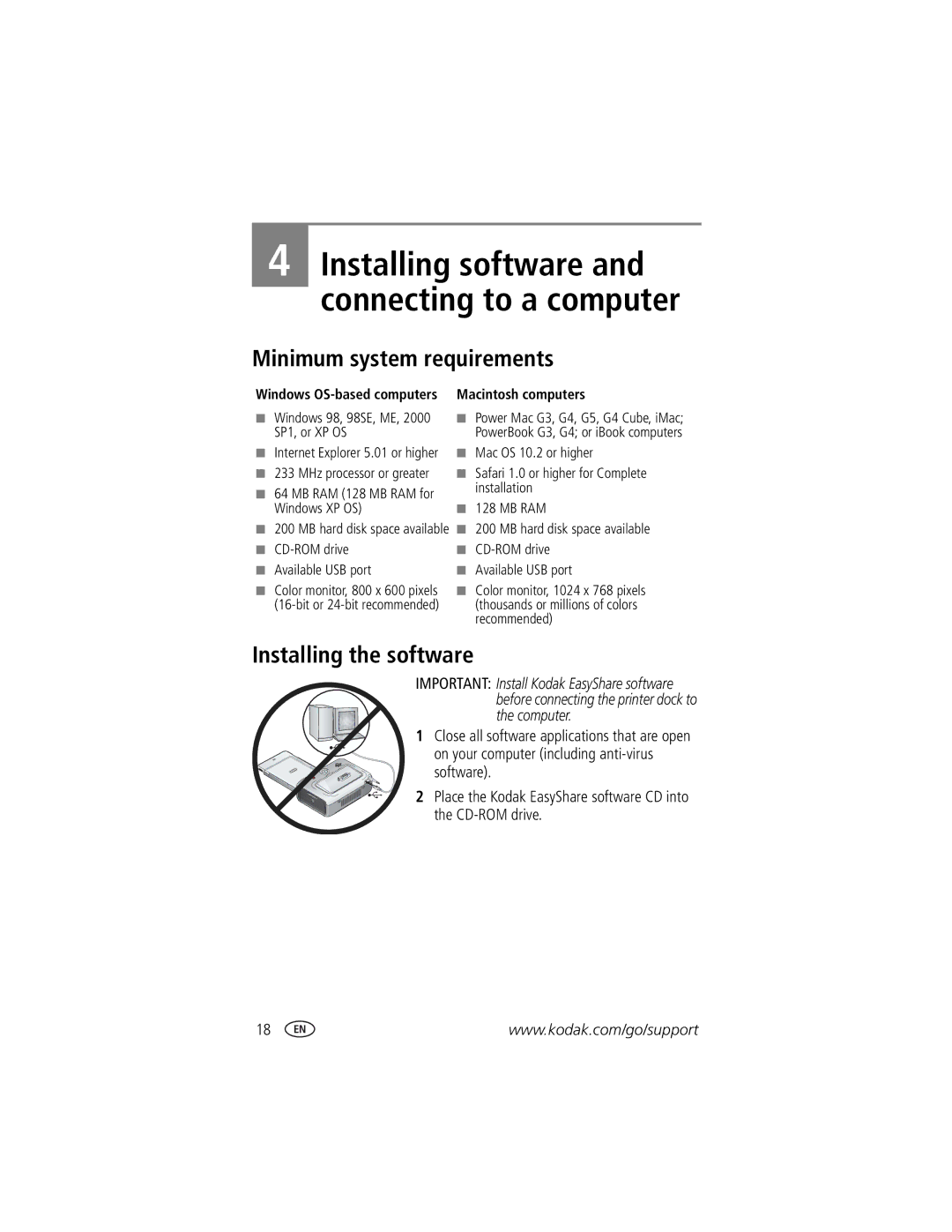 Kodak printer dock Minimum system requirements, Installing the software, Windows OS-based computers Macintosh computers 