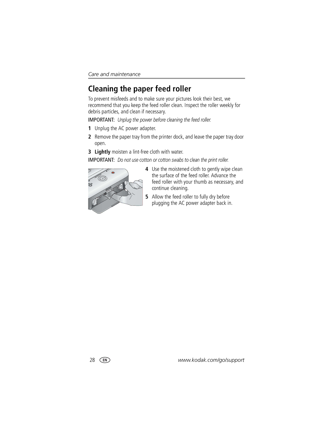 Kodak printer dock manual Cleaning the paper feed roller, Use the moistened cloth to gently wipe clean 