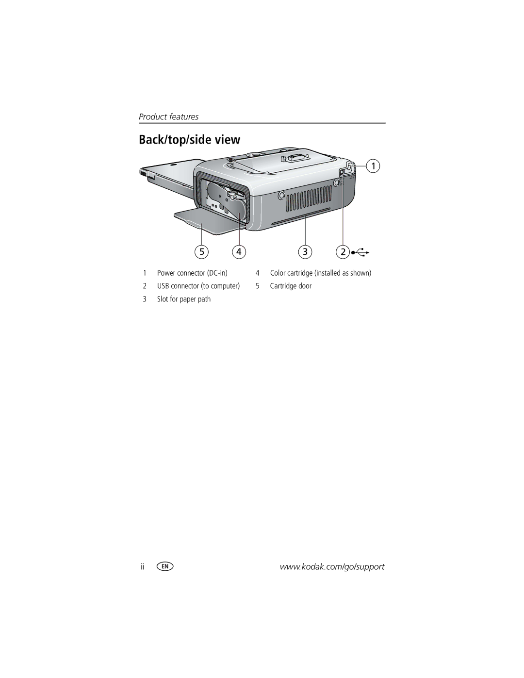 Kodak printer dock manual Back/top/side view, Power connector DC-in 