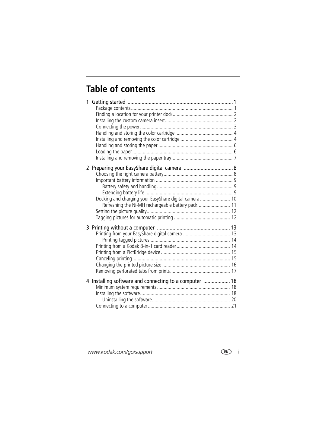 Kodak printer dock manual Table of contents 