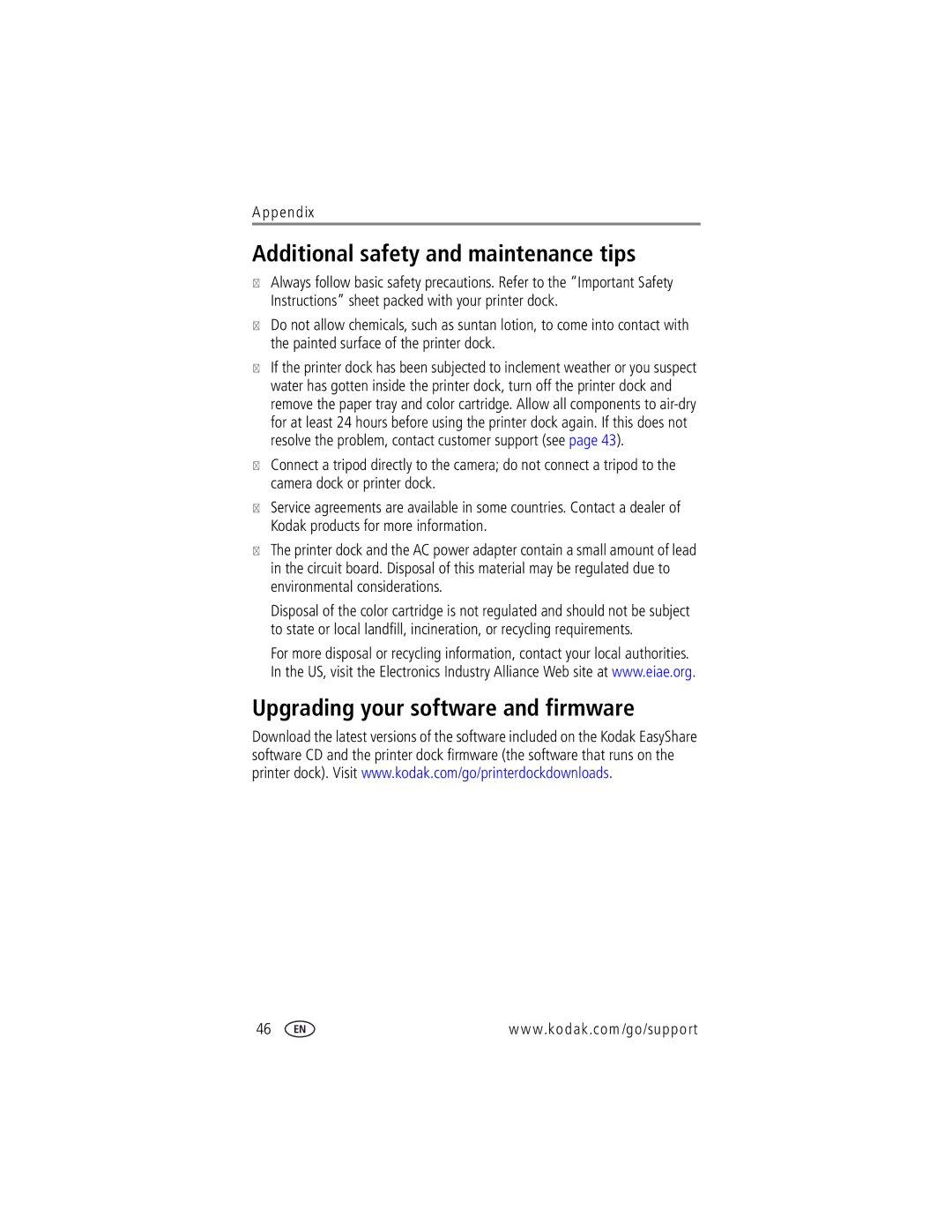 Kodak printer dock manual Additional safety and maintenance tips, Upgrading your software and firmware 