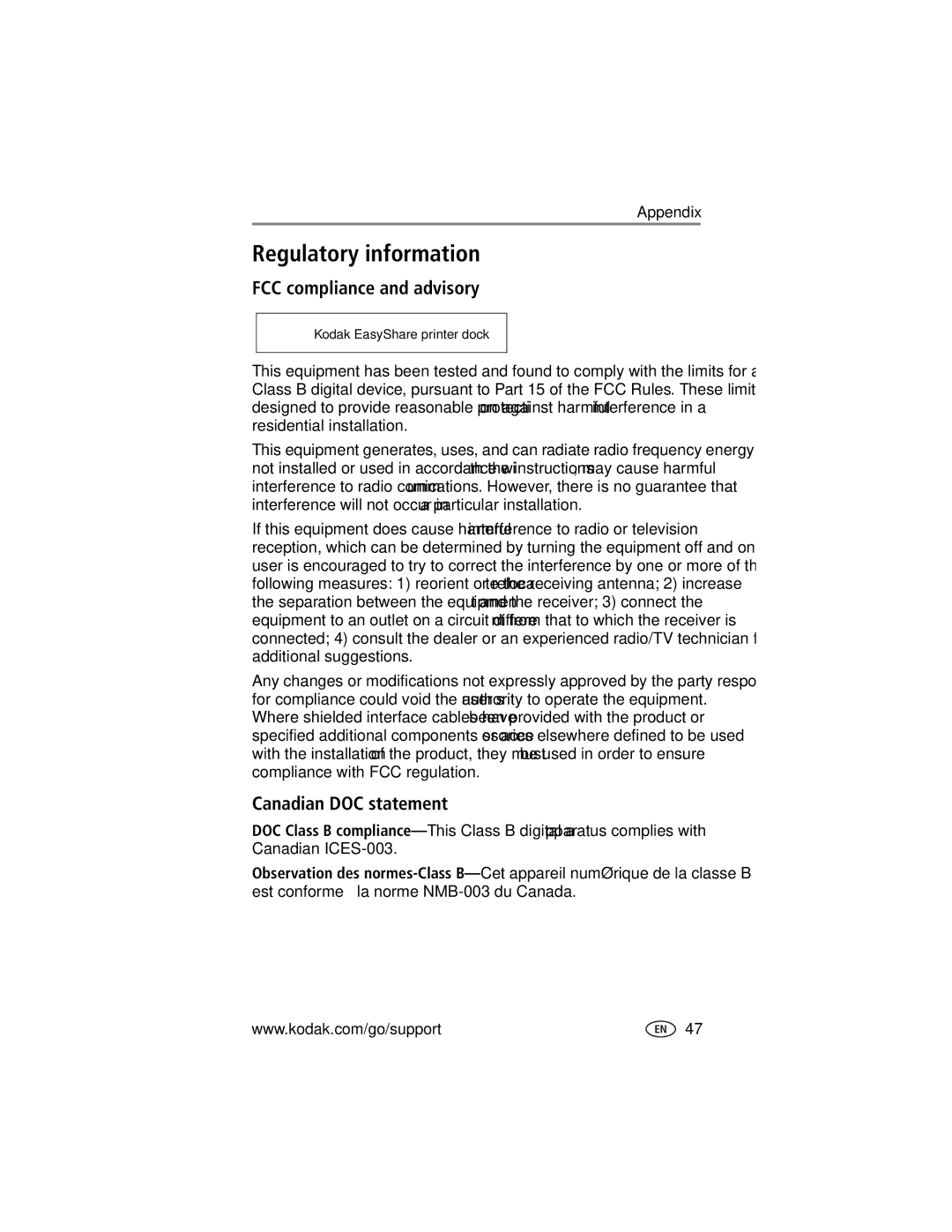 Kodak printer dock manual Regulatory information, FCC compliance and advisory, Canadian DOC statement 