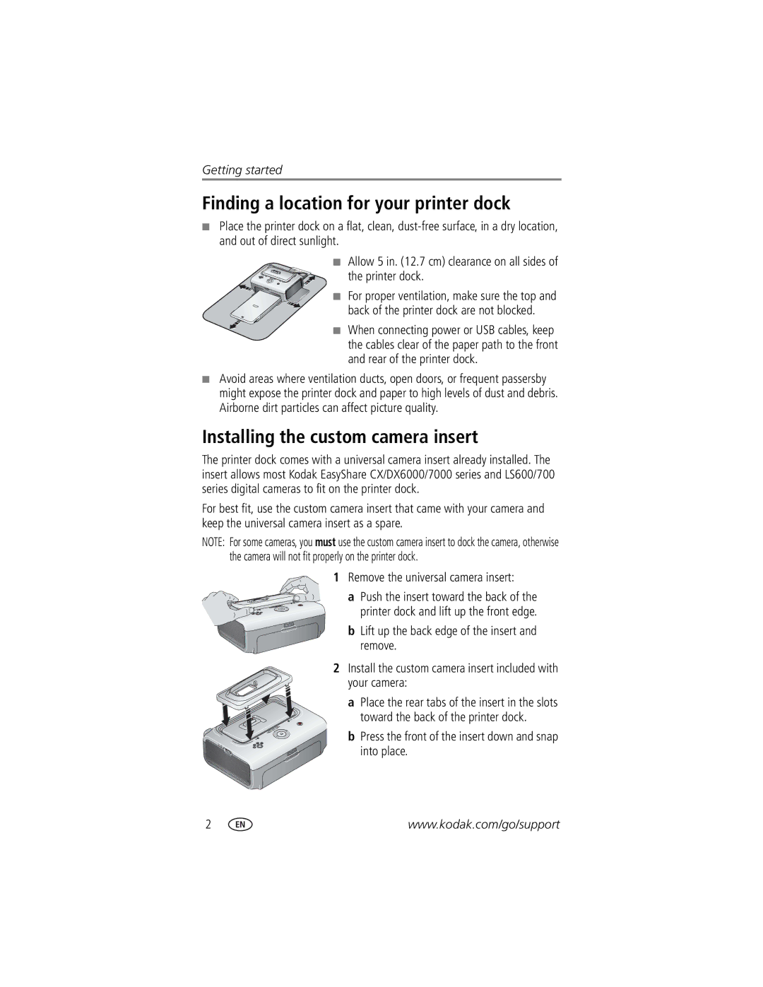 Kodak manual Finding a location for your printer dock, Installing the custom camera insert, Printer dock 