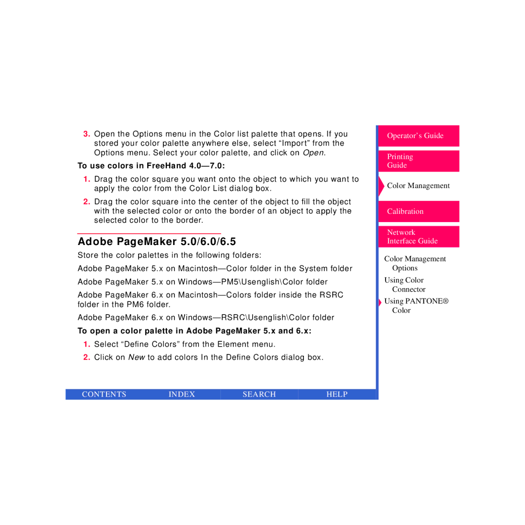 Kodak Printer manual Adobe PageMaker 5.0/6.0/6.5, To use colors in FreeHand, To open a color palette in Adobe PageMaker 5.x 