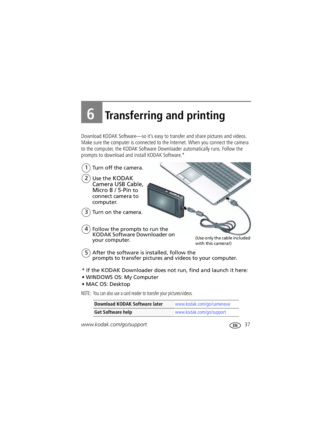 Kodak R502 manual Transferring and printing, Download Kodak Software later Get Software help 