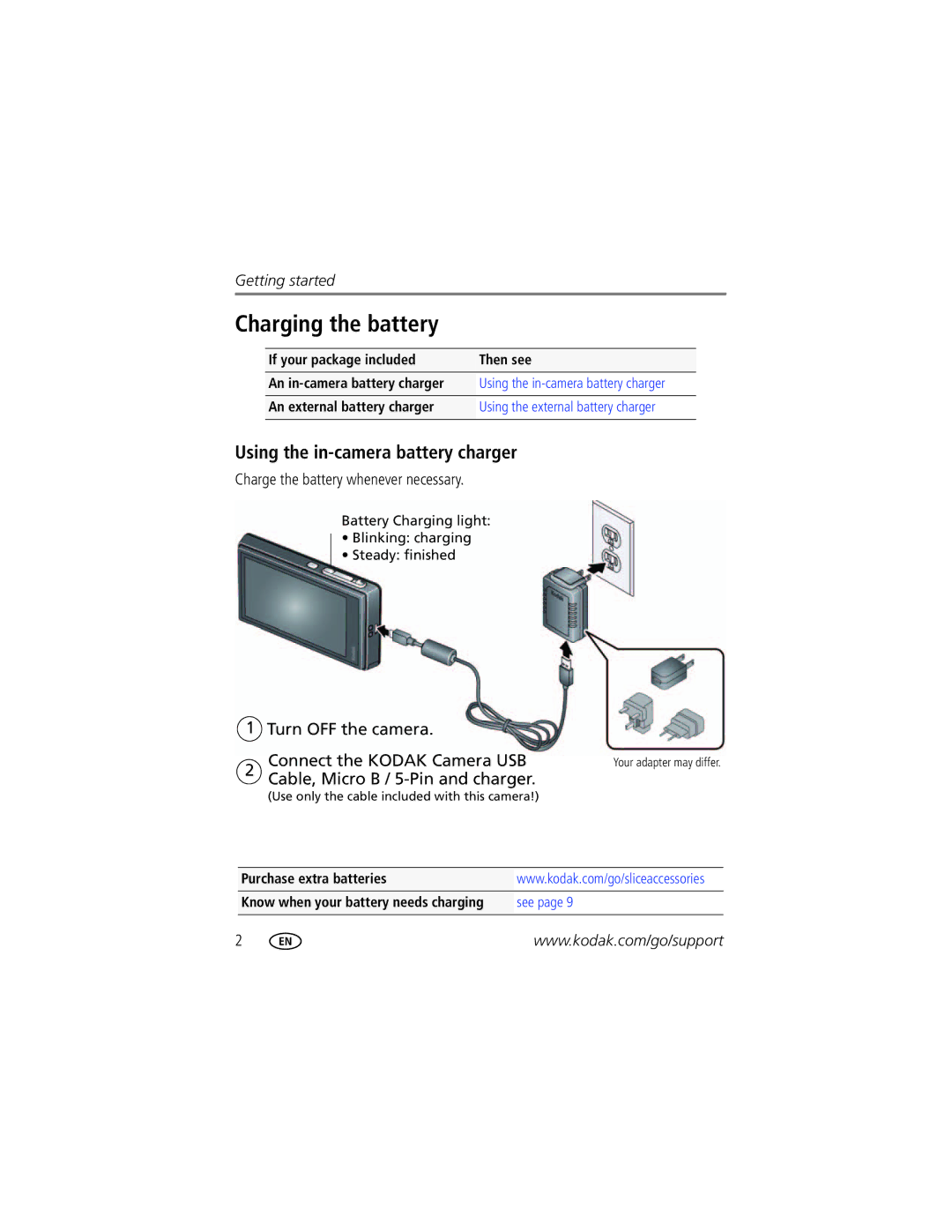 Kodak R502 manual Charging the battery, Using the in-camera battery charger, Charge the battery whenever necessary 