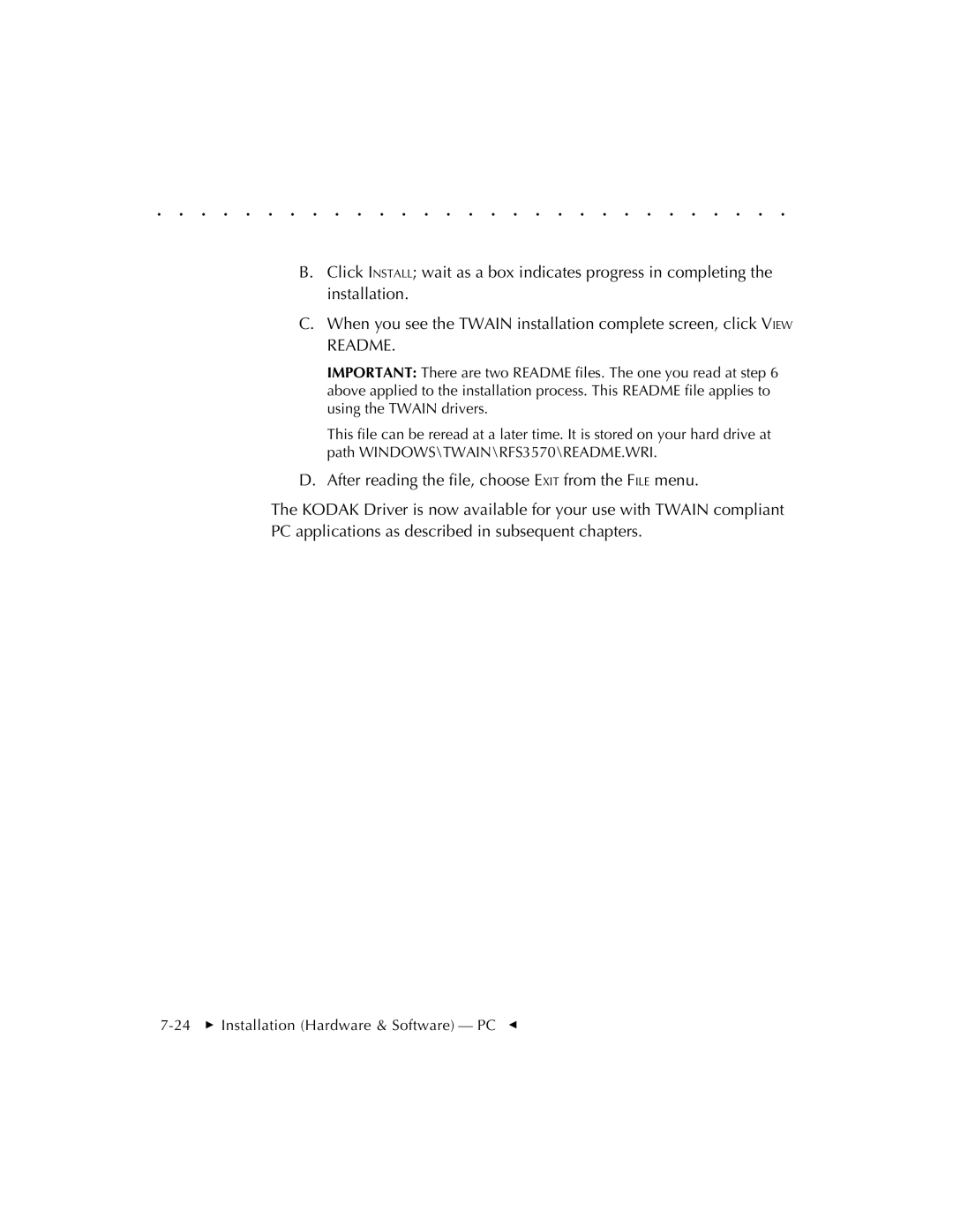 Kodak RFS 3570 user manual 24  Installation Hardware & Software PC G 