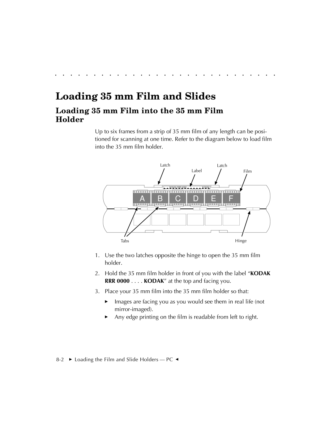 Kodak RFS 3570 user manual Loading 35 mm Film and Slides 