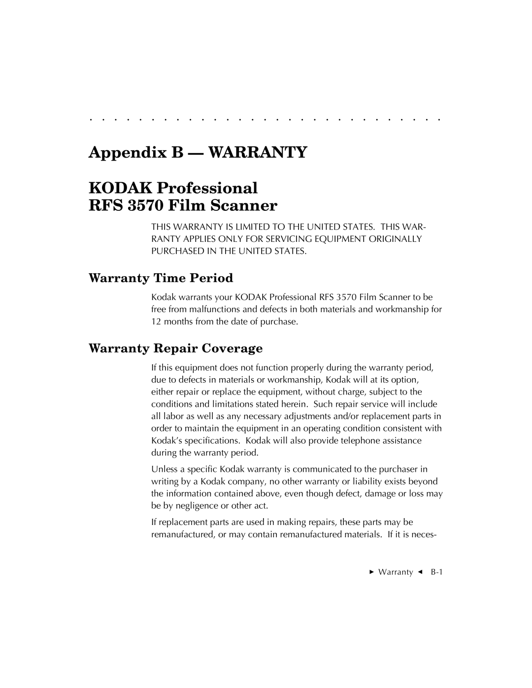 Kodak RFS 3570 user manual Warranty Time Period, Warranty Repair Coverage 