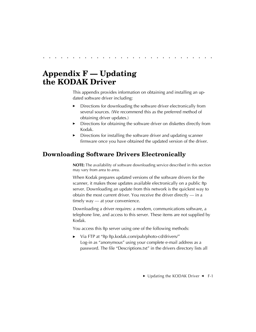 Kodak RFS 3570 user manual Appendix F Updating Kodak Driver, Downloading Software Drivers Electronically 