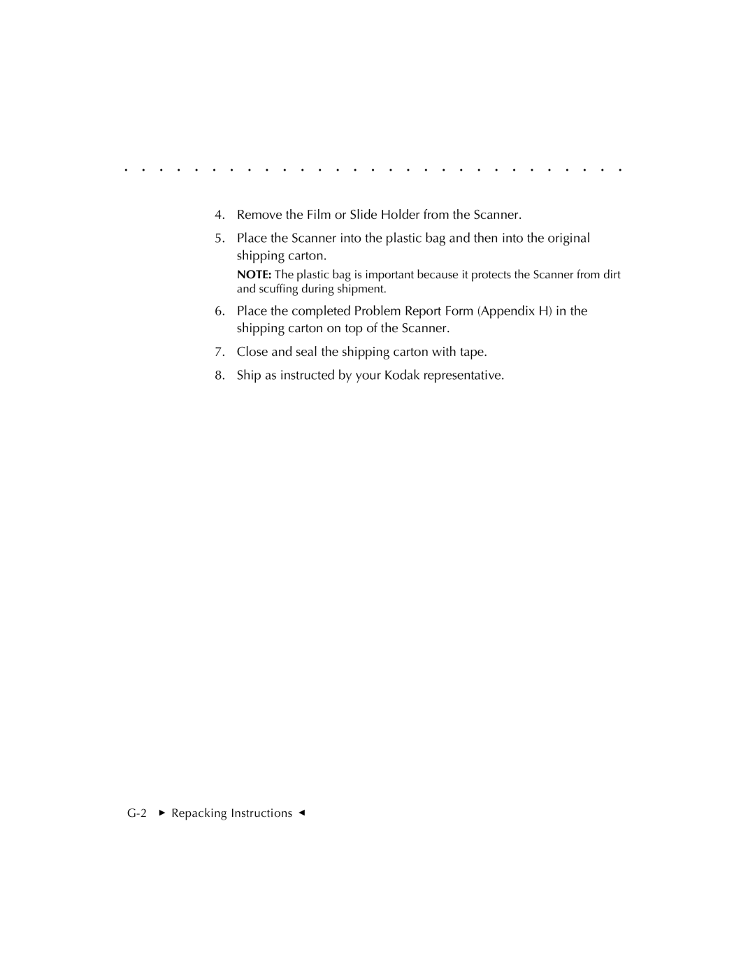 Kodak RFS 3570 user manual  Repacking Instructions G 