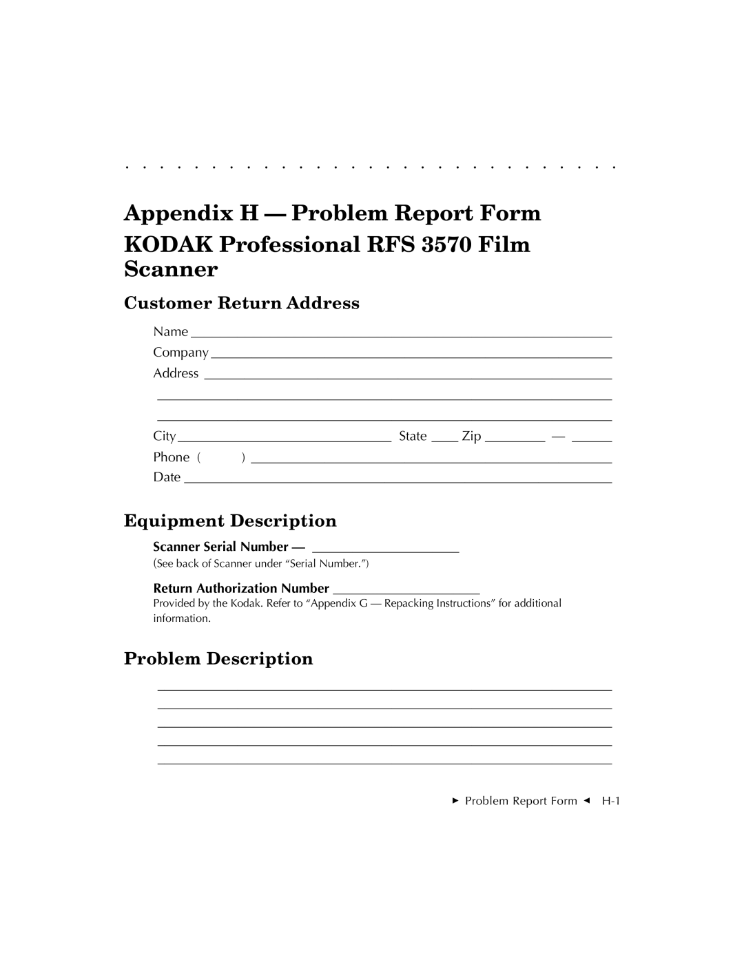 Kodak RFS 3570 user manual Customer Return Address, Equipment Description, Problem Description 