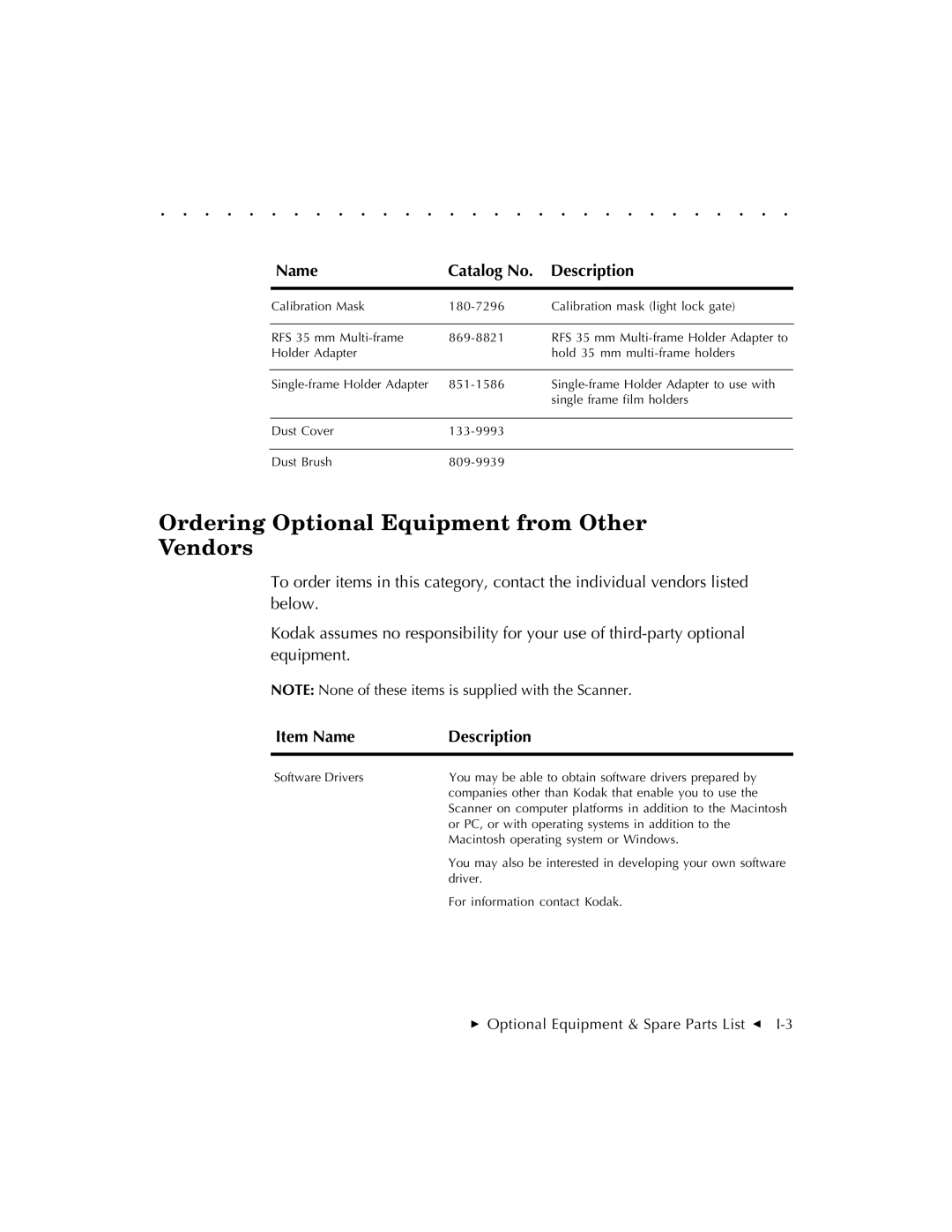 Kodak RFS 3570 user manual Ordering Optional Equipment from Other Vendors 