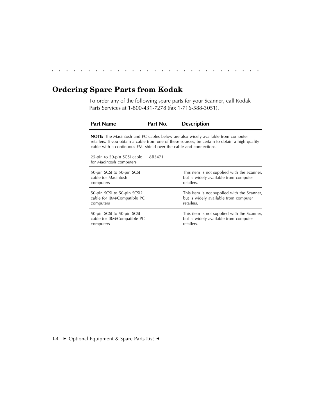 Kodak RFS 3570 user manual Ordering Spare Parts from Kodak, Part Name Description 