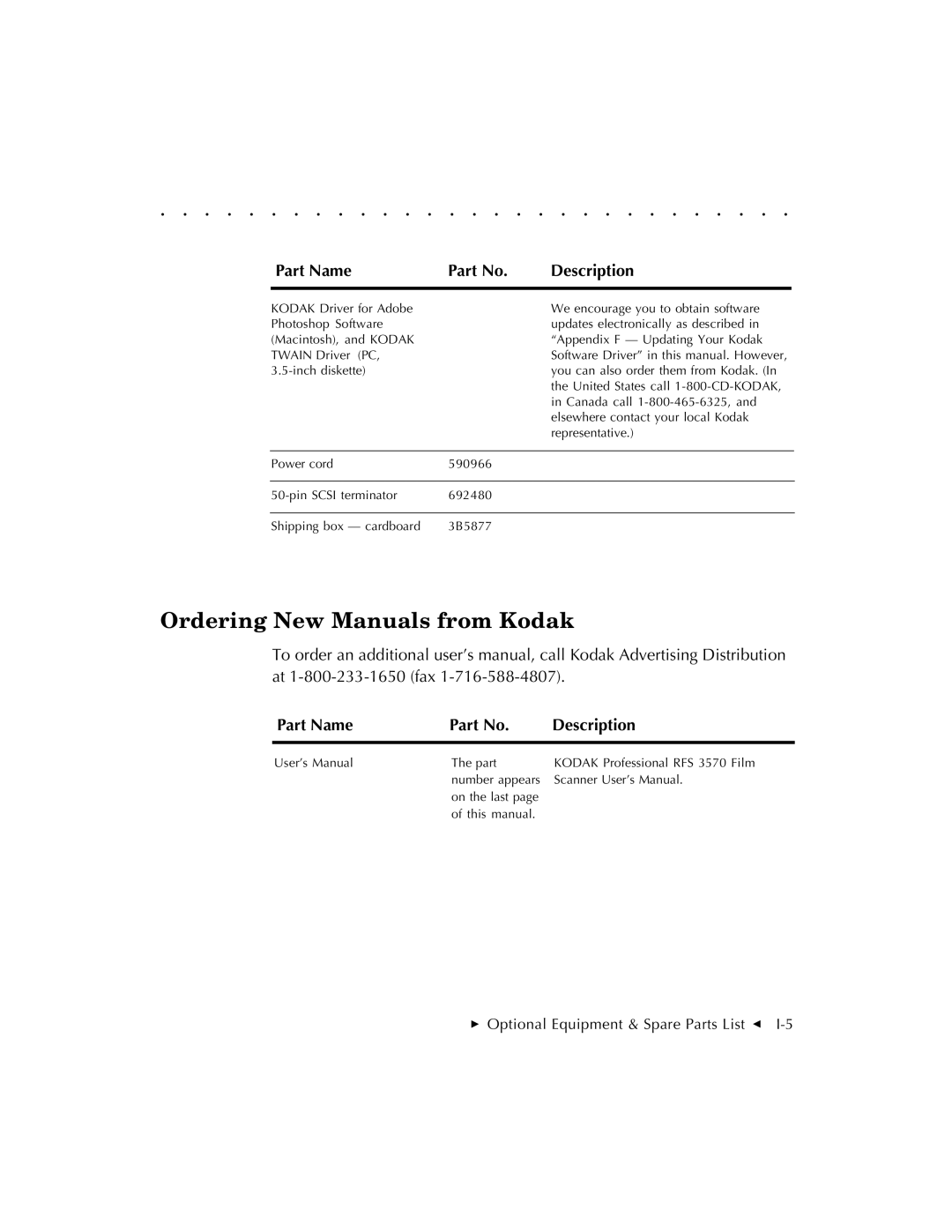 Kodak RFS 3570 user manual Ordering New Manuals from Kodak 