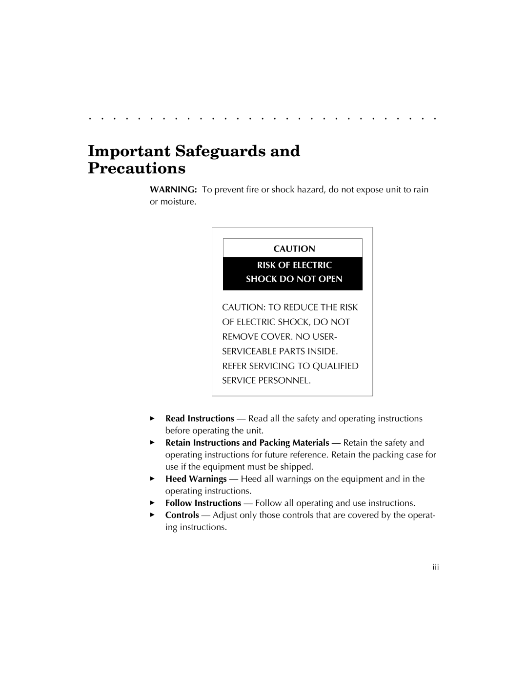 Kodak RFS 3570 user manual Important Safeguards Precautions, Risk of Electric Shock do not Open 