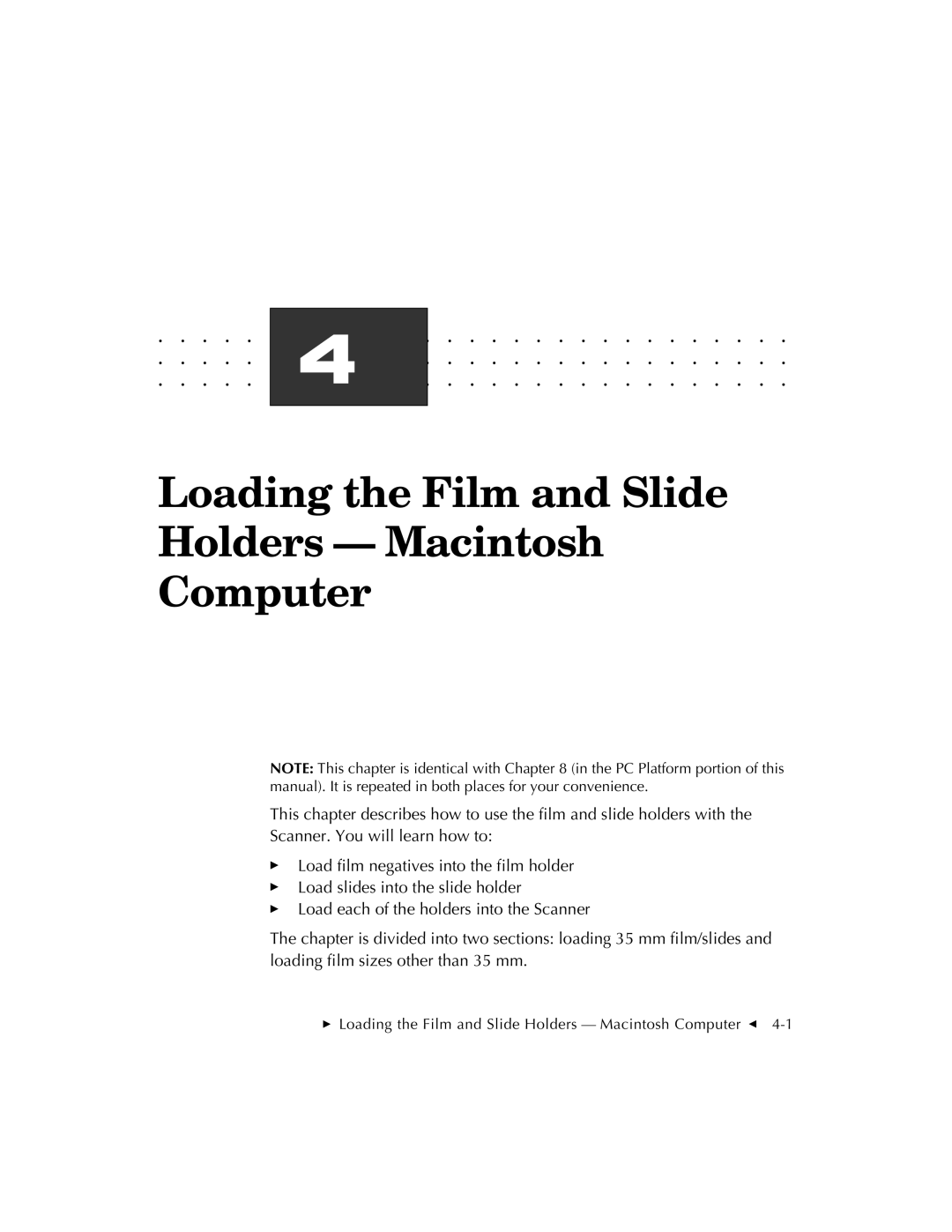 Kodak RFS 3570 user manual Loading the Film and Slide Holders Macintosh Computer 