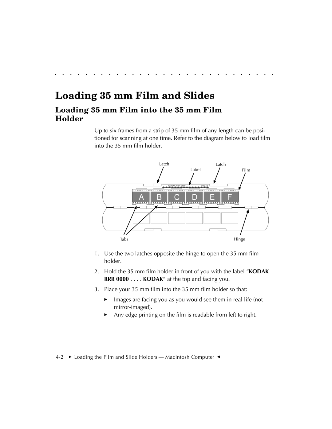 Kodak RFS 3570 user manual Loading 35 mm Film and Slides, Loading 35 mm Film into the 35 mm Film Holder 