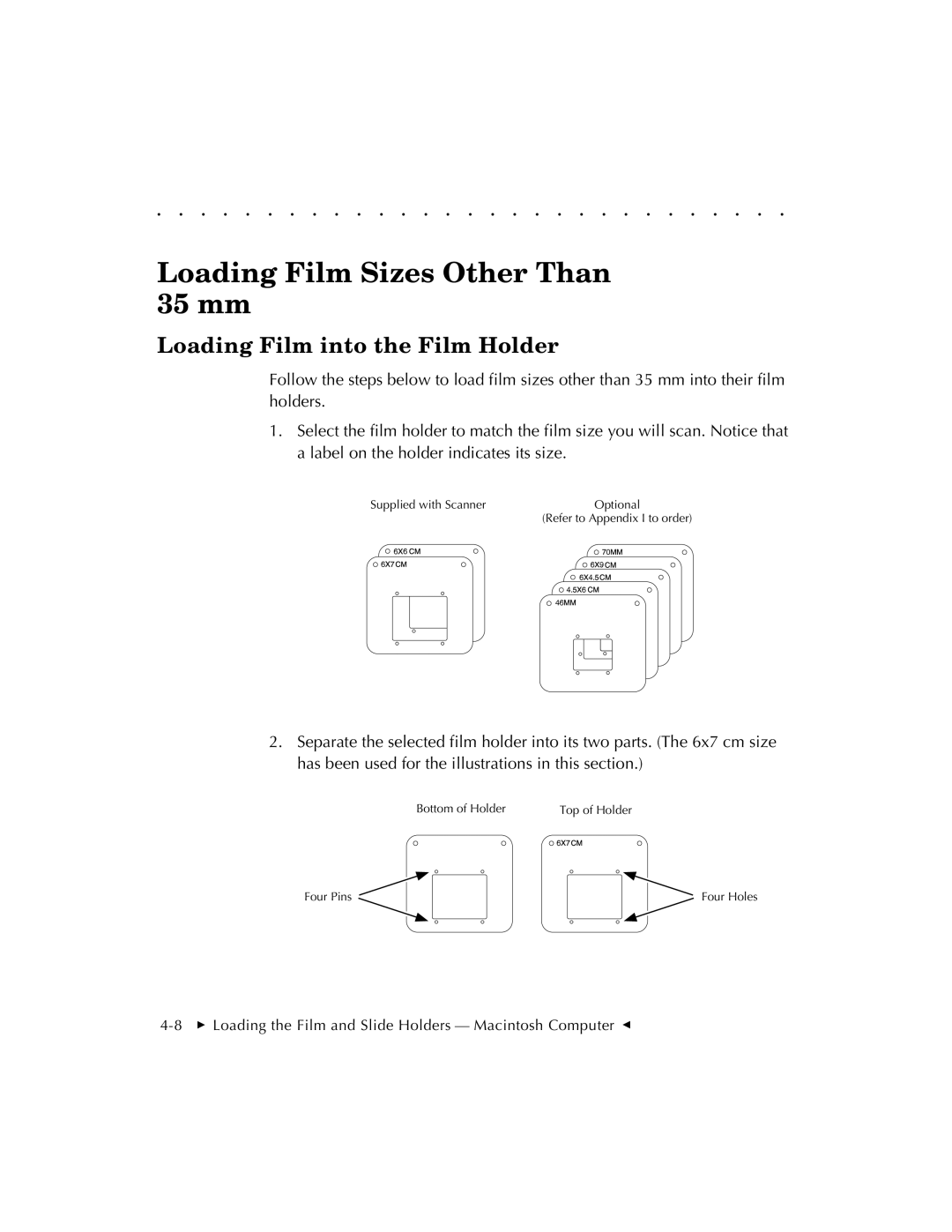 Kodak RFS 3570 user manual Loading Film Sizes Other Than 35 mm, Loading Film into the Film Holder 