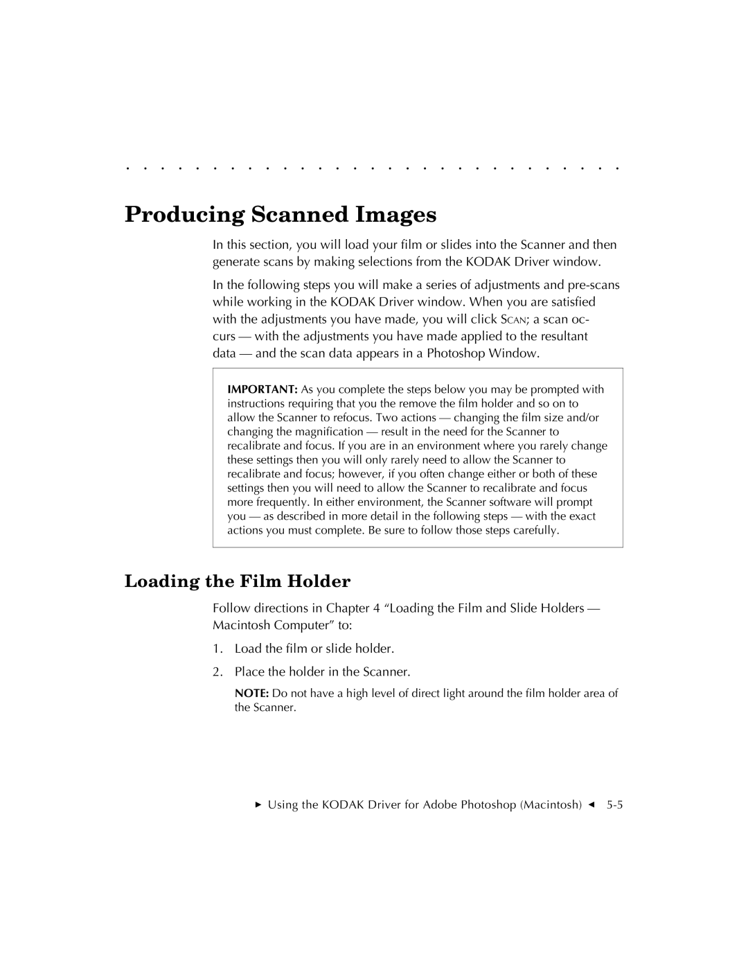 Kodak RFS 3570 user manual Producing Scanned Images, Loading the Film Holder 