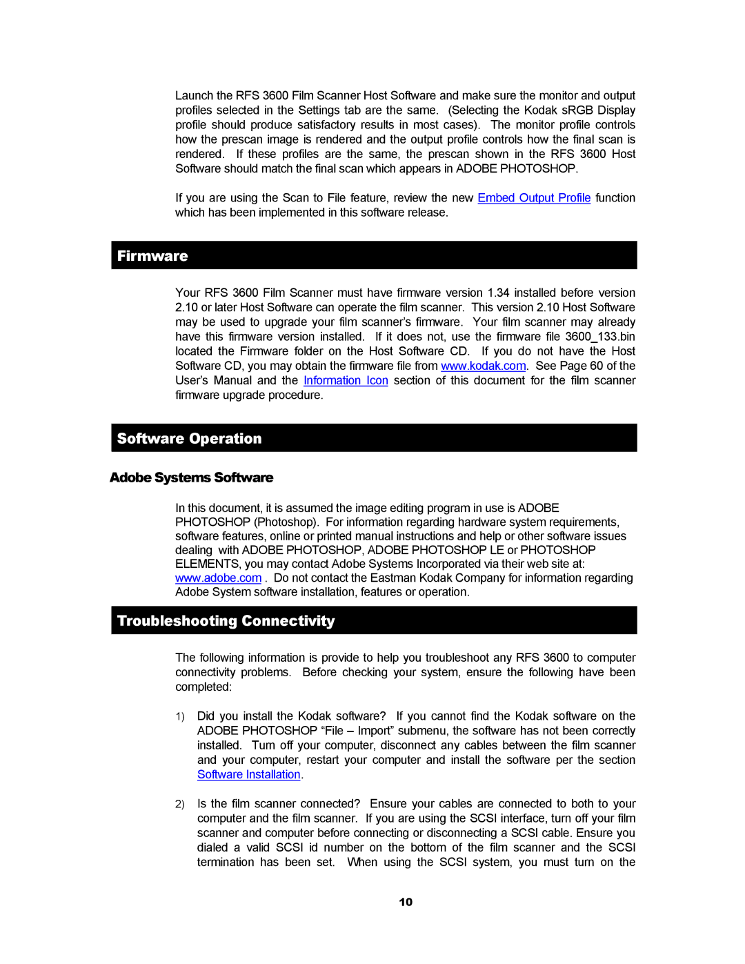 Kodak RFS 3600 user manual Firmware, Software Operation, Troubleshooting Connectivity, Adobe Systems Software 