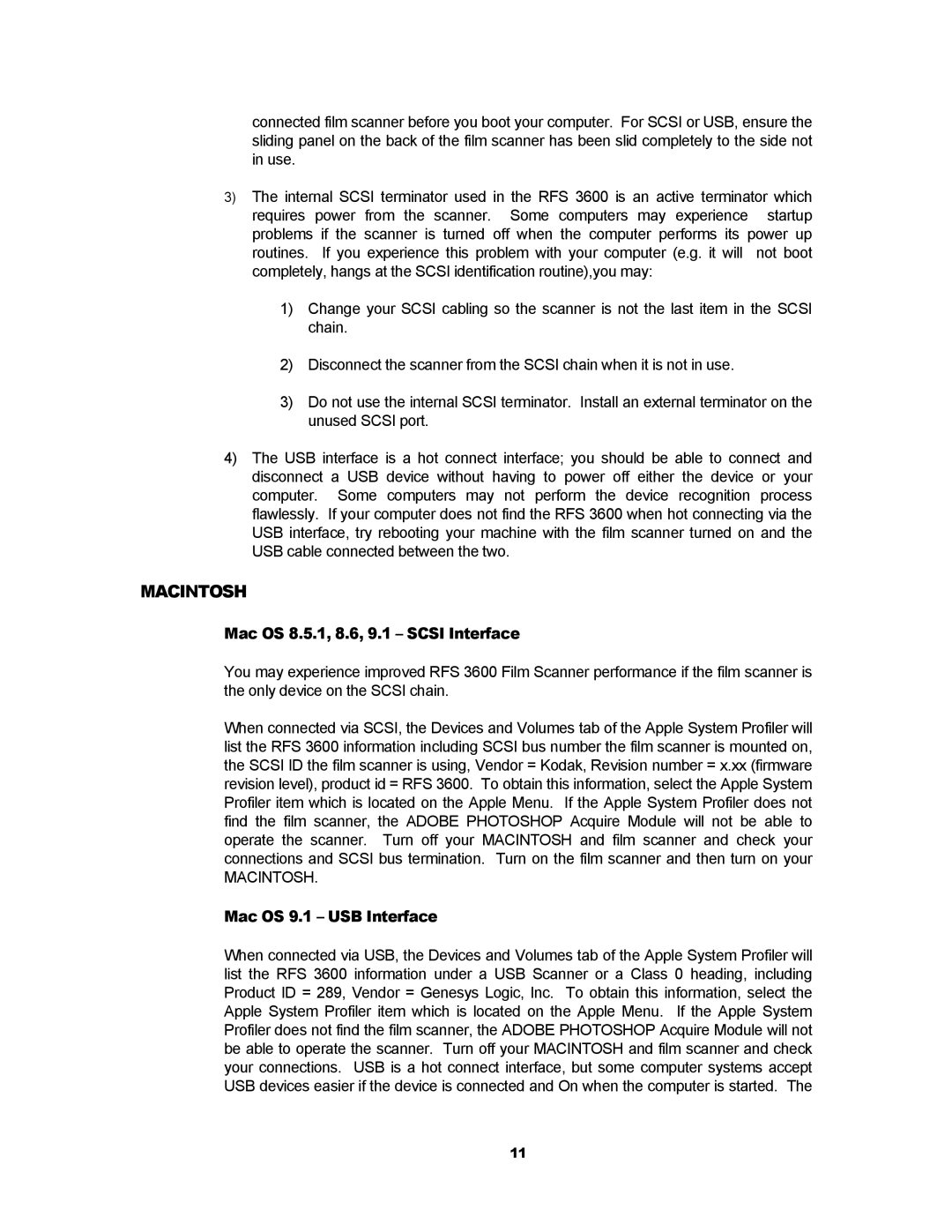 Kodak RFS 3600 user manual Mac OS 8.5.1, 8.6, 9.1 Scsi Interface, Mac OS 9.1 USB Interface 