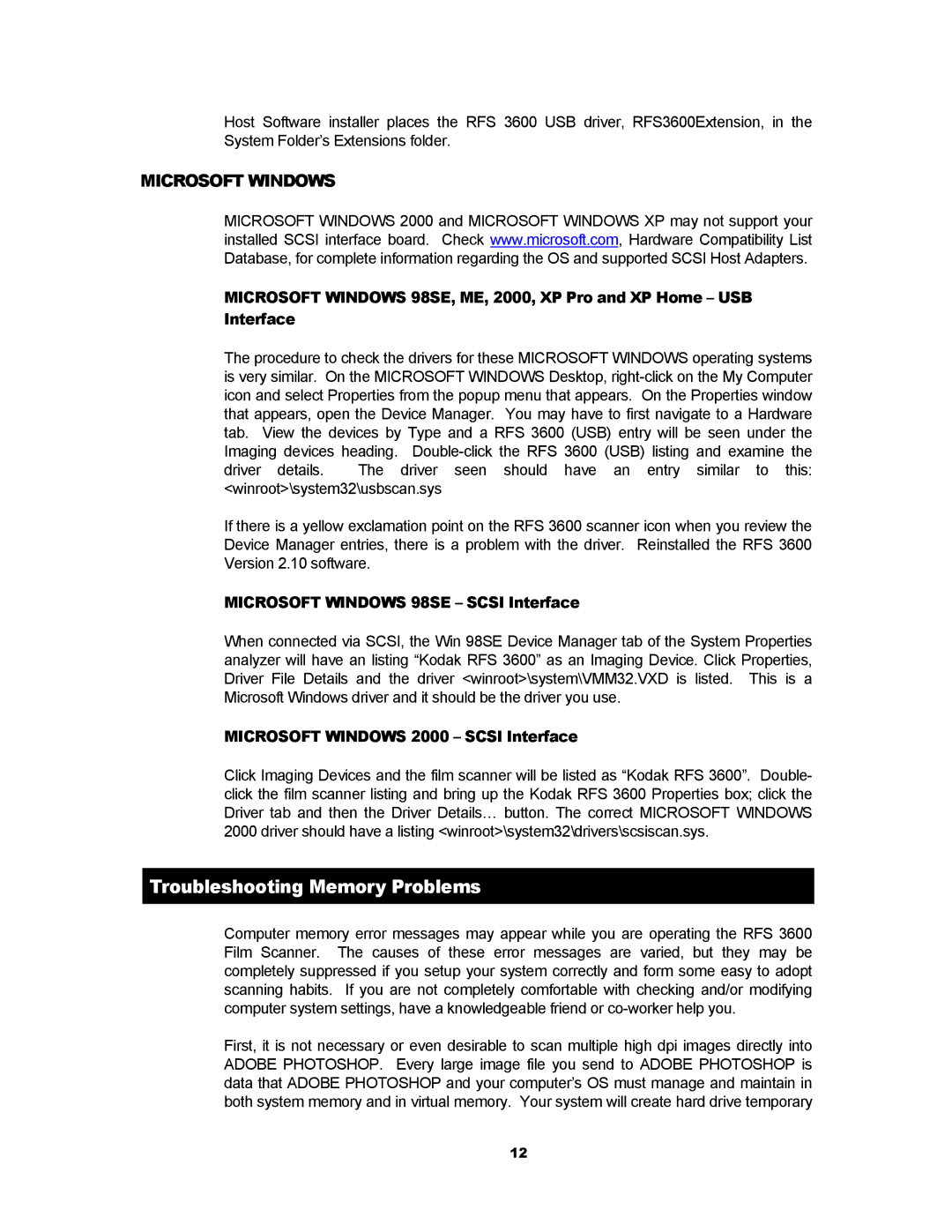 Kodak RFS 3600 user manual Troubleshooting Memory Problems, Microsoft Windows 98SE Scsi Interface 