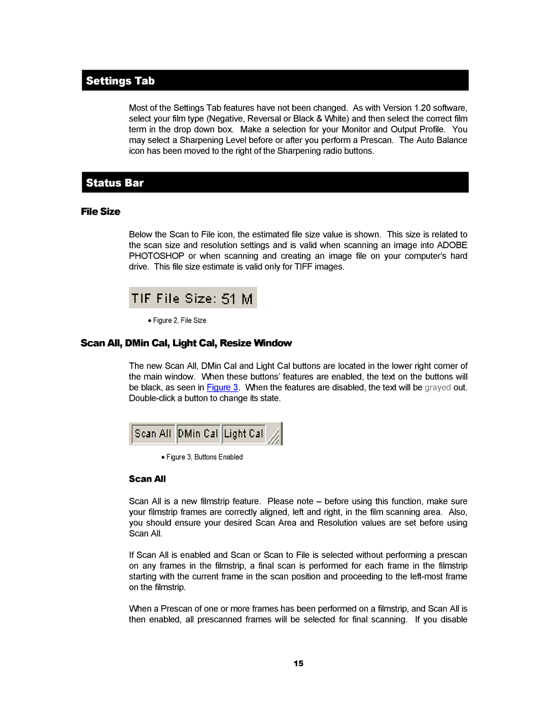 Kodak RFS 3600 user manual Settings Tab, Status Bar, File Size, Scan All, DMin Cal, Light Cal, Resize Window 