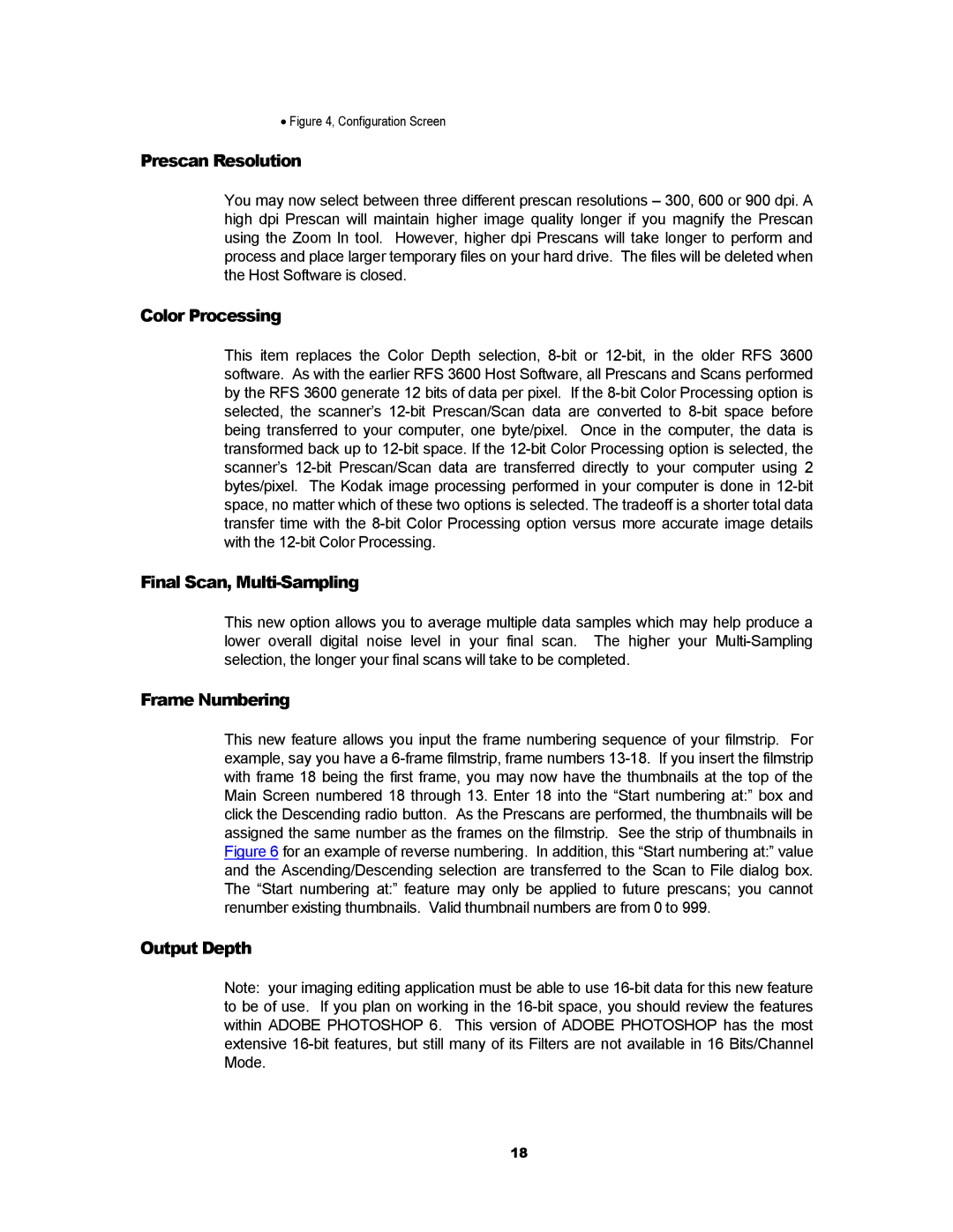 Kodak RFS 3600 user manual Prescan Resolution, Color Processing, Final Scan, Multi-Sampling, Frame Numbering, Output Depth 