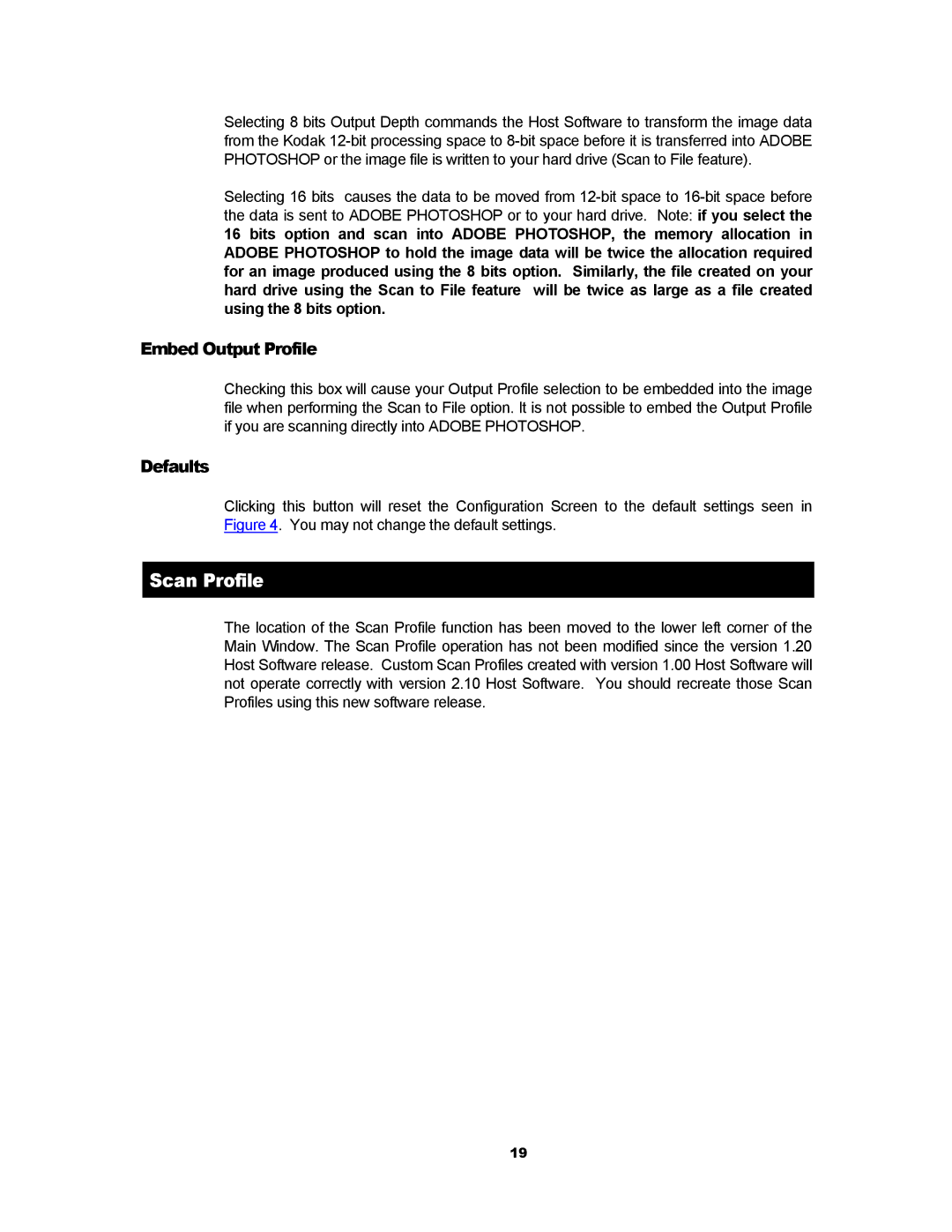 Kodak RFS 3600 user manual Scan Profile, Embed Output Profile, Defaults 