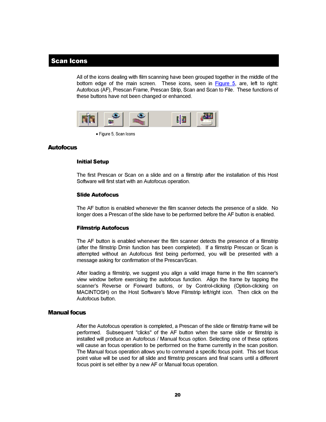 Kodak RFS 3600 user manual Scan Icons, Autofocus, Manual focus 