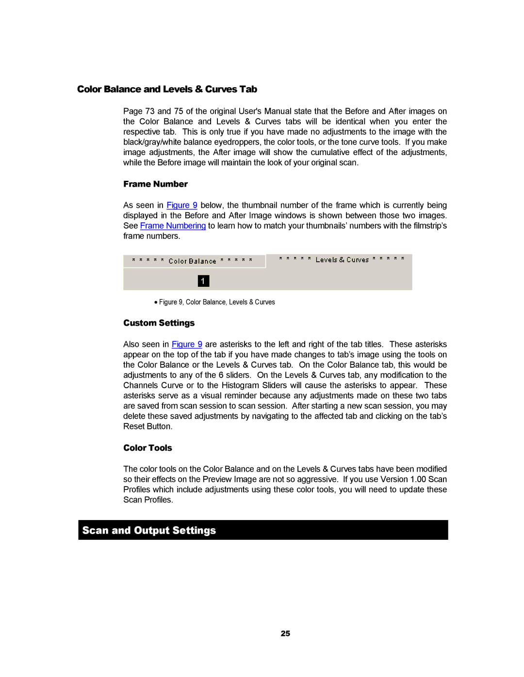 Kodak RFS 3600 user manual Scan and Output Settings, Color Balance and Levels & Curves Tab, Custom Settings, Color Tools 