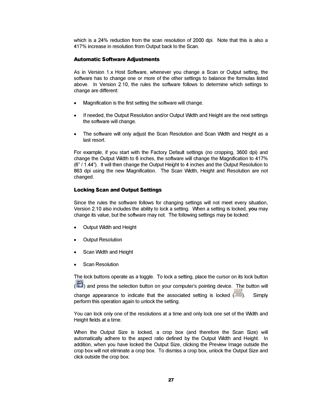 Kodak RFS 3600 user manual Automatic Software Adjustments, Locking Scan and Output Settings 