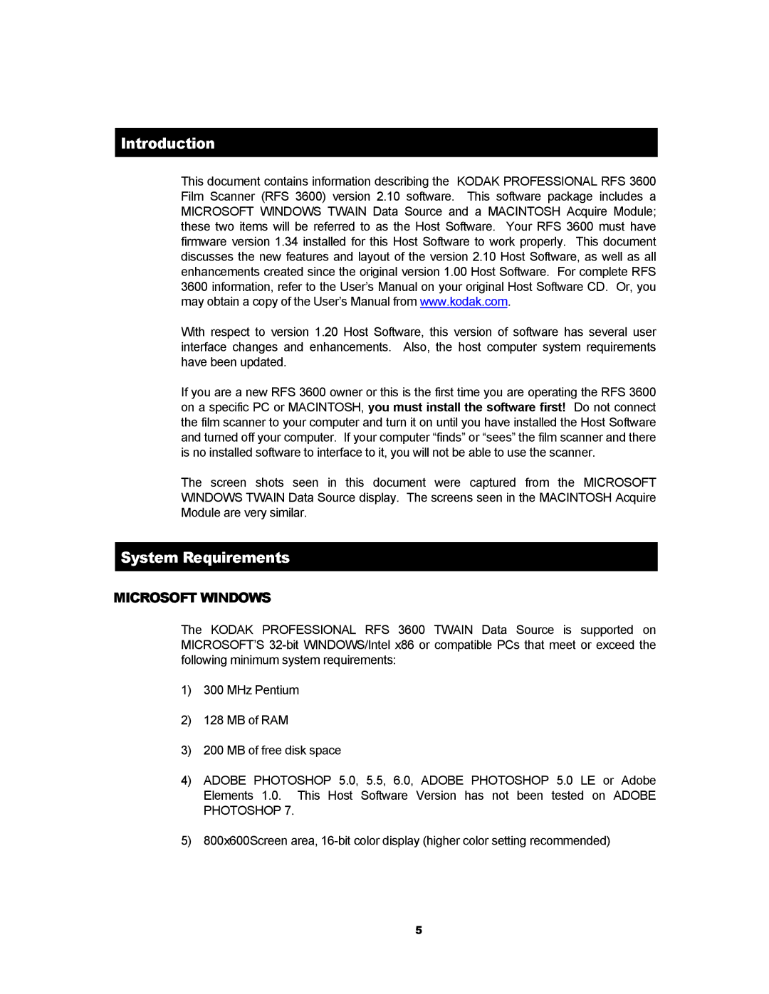 Kodak RFS 3600 user manual Introduction, System Requirements 