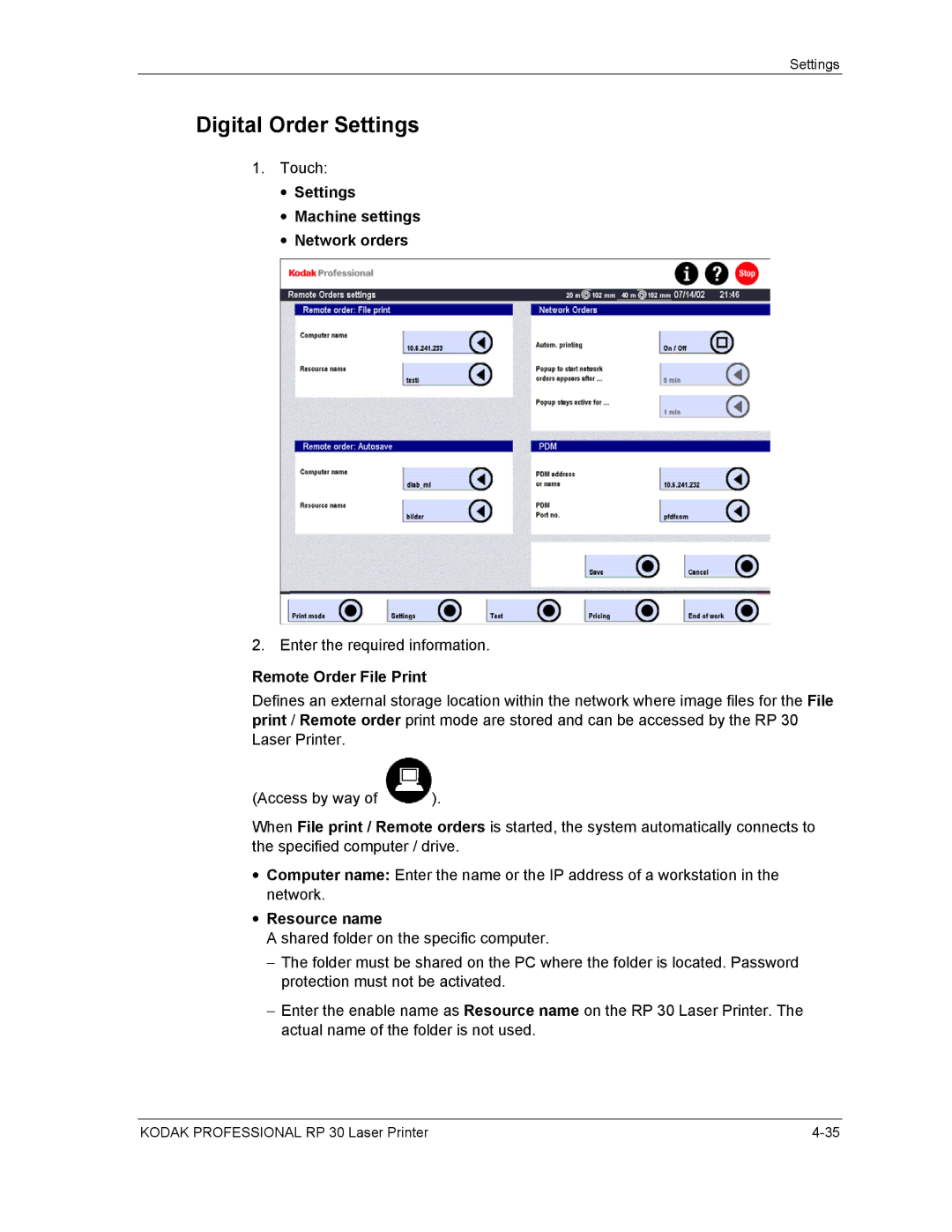 Kodak RP 30 manual Digital Order Settings, Settings Machine settings Network orders, Remote Order File Print, Resource name 