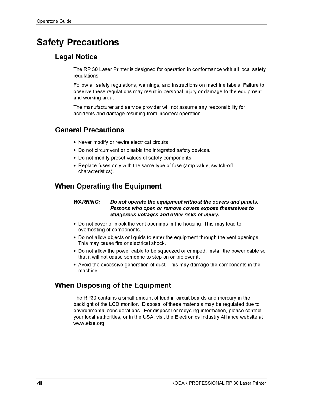 Kodak RP 30 manual Safety Precautions, Legal Notice, General Precautions, When Operating the Equipment 