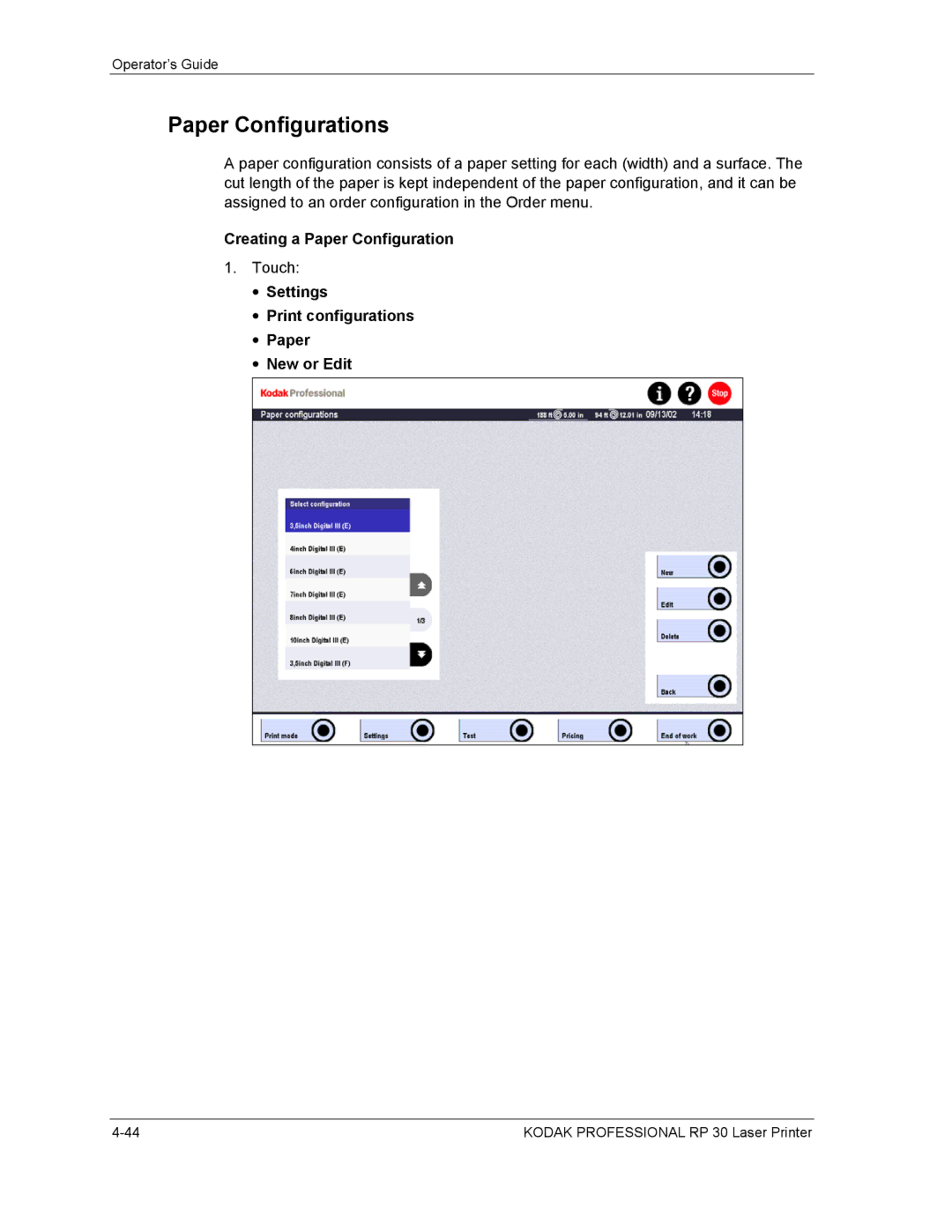 Kodak RP 30 manual Paper Configurations, Creating a Paper Configuration, Settings Print configurations Paper New or Edit 