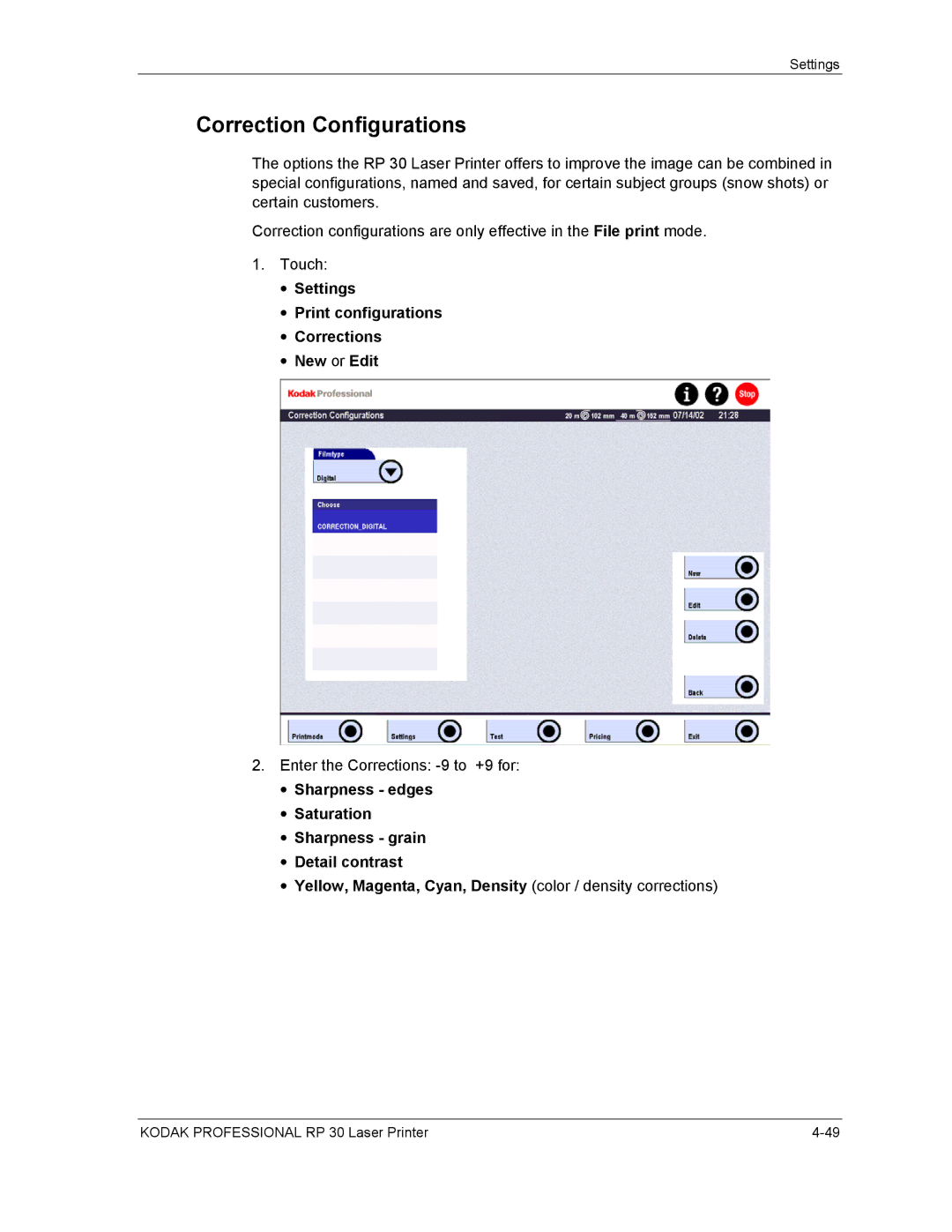 Kodak RP 30 manual Correction Configurations, Settings Print configurations Corrections New or Edit 