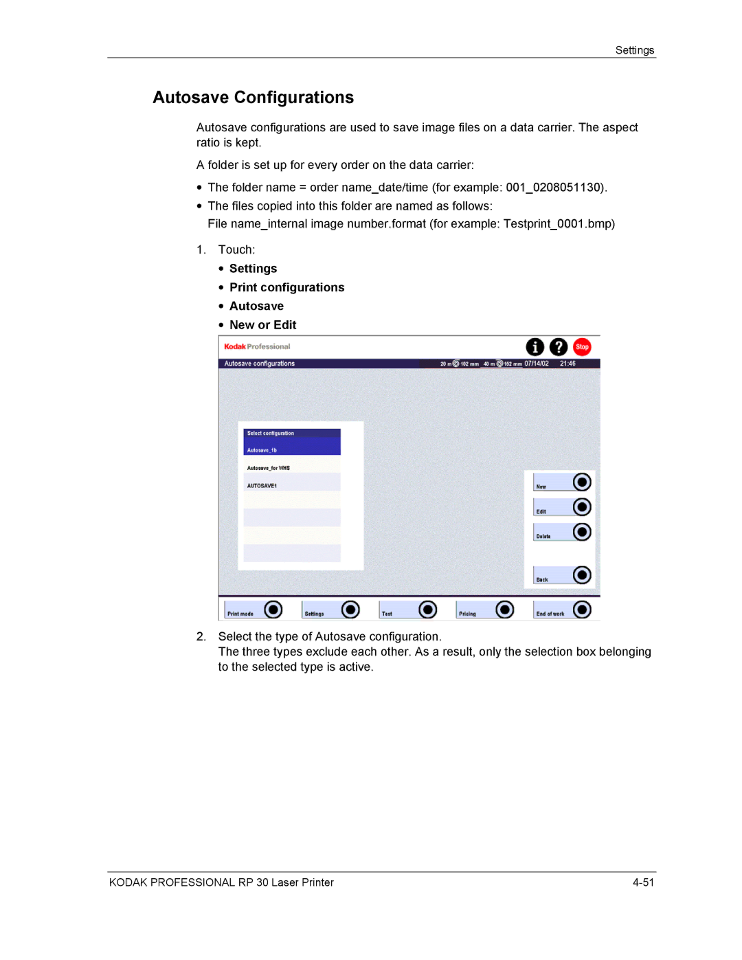 Kodak RP 30 manual Autosave Configurations, Settings Print configurations Autosave New or Edit 