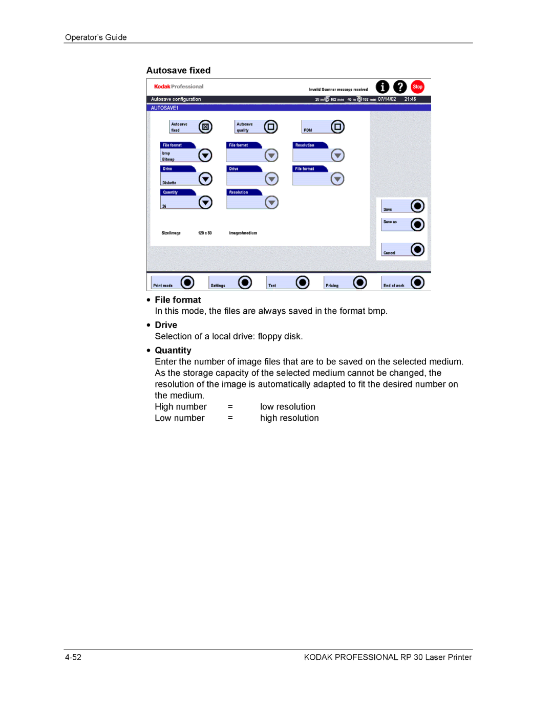 Kodak RP 30 manual Autosave fixed File format, Drive, Quantity 