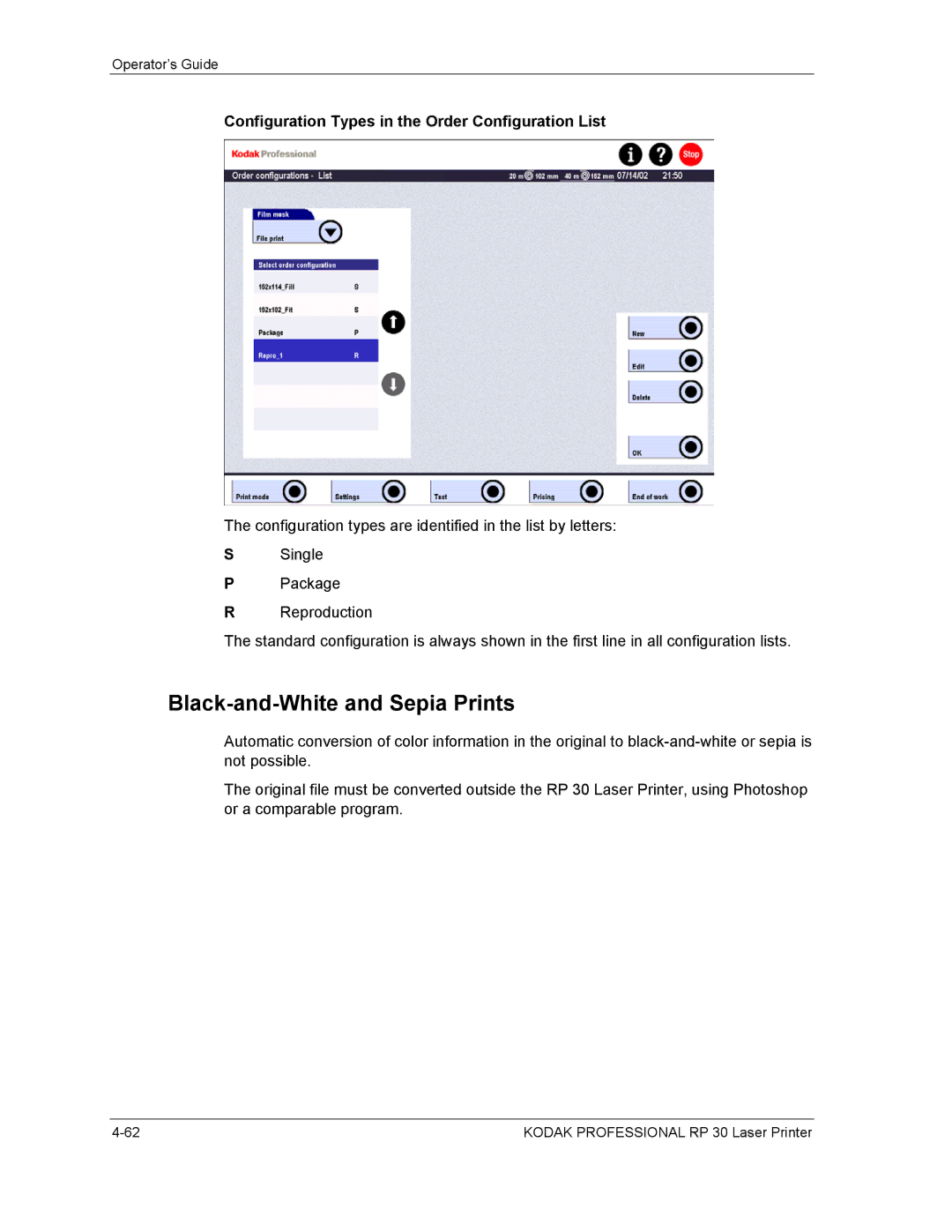 Kodak RP 30 manual Black-and-White and Sepia Prints, Configuration Types in the Order Configuration List 