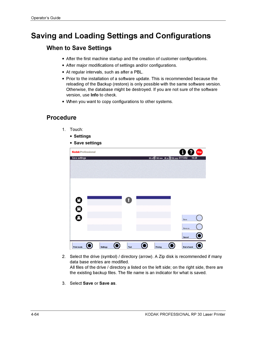 Kodak RP 30 manual Saving and Loading Settings and Configurations, When to Save Settings, Procedure, Settings Save settings 