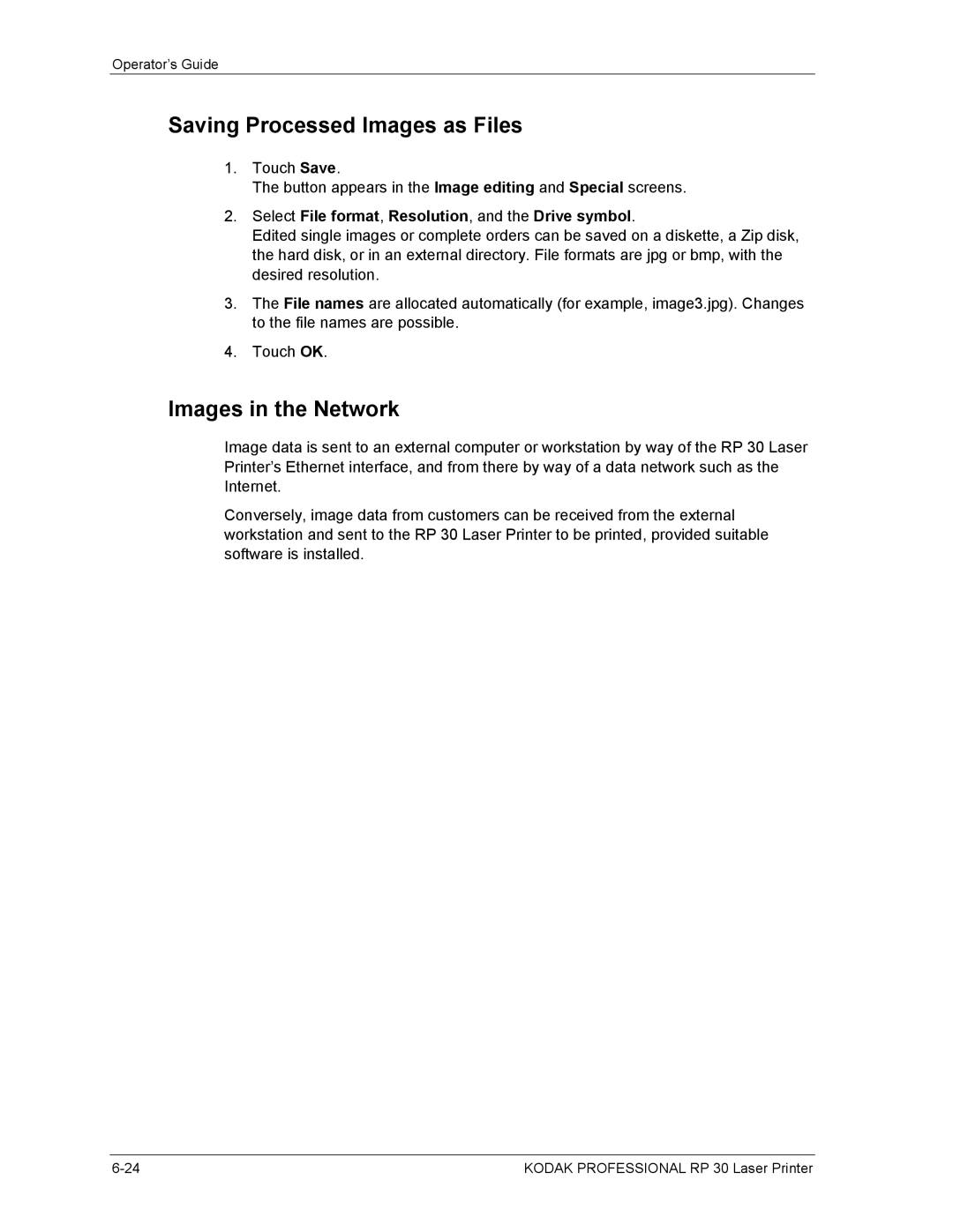 Kodak RP 30 Saving Processed Images as Files, Images in the Network, Select File format, Resolution, and the Drive symbol 