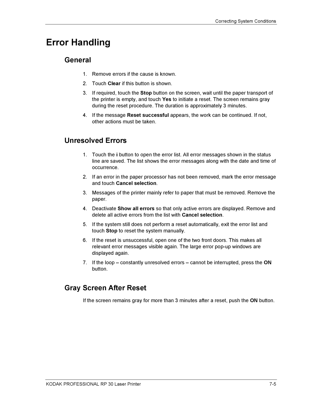 Kodak RP 30 manual Error Handling, General, Unresolved Errors, Gray Screen After Reset 
