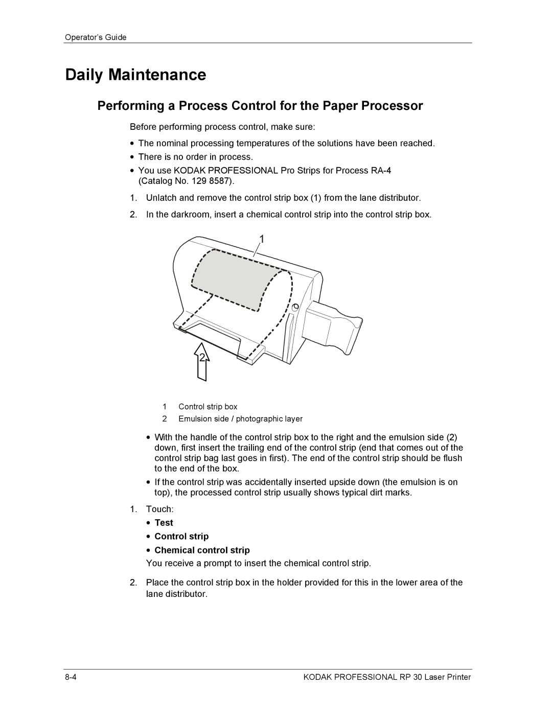 Kodak RP 30 manual Daily Maintenance, Performing a Process Control for the Paper Processor 